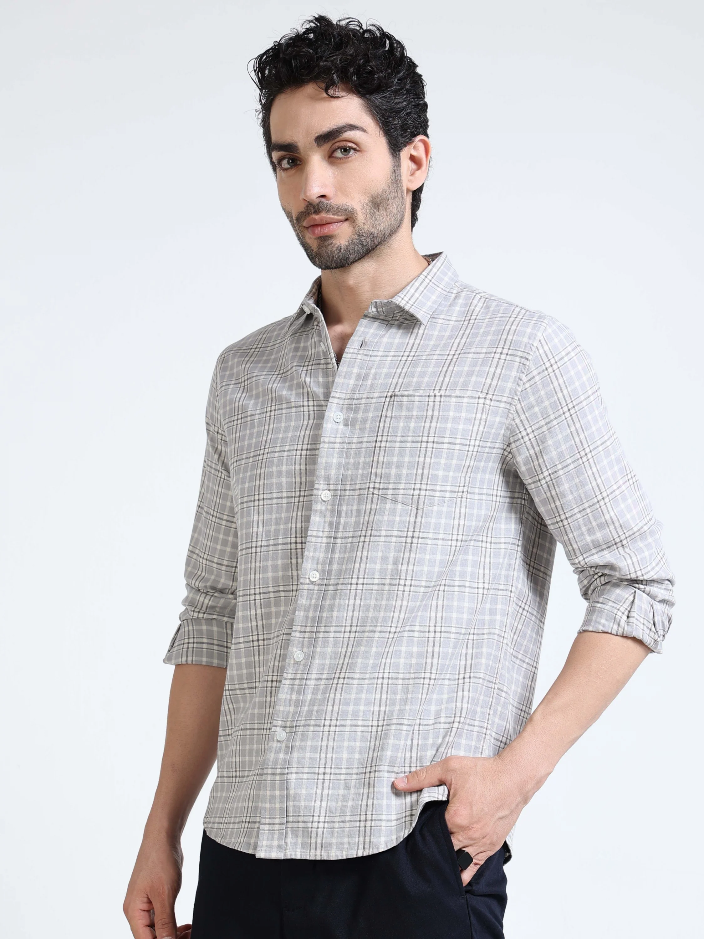 Men Grey Check Regular Fit Shirt - Image 6