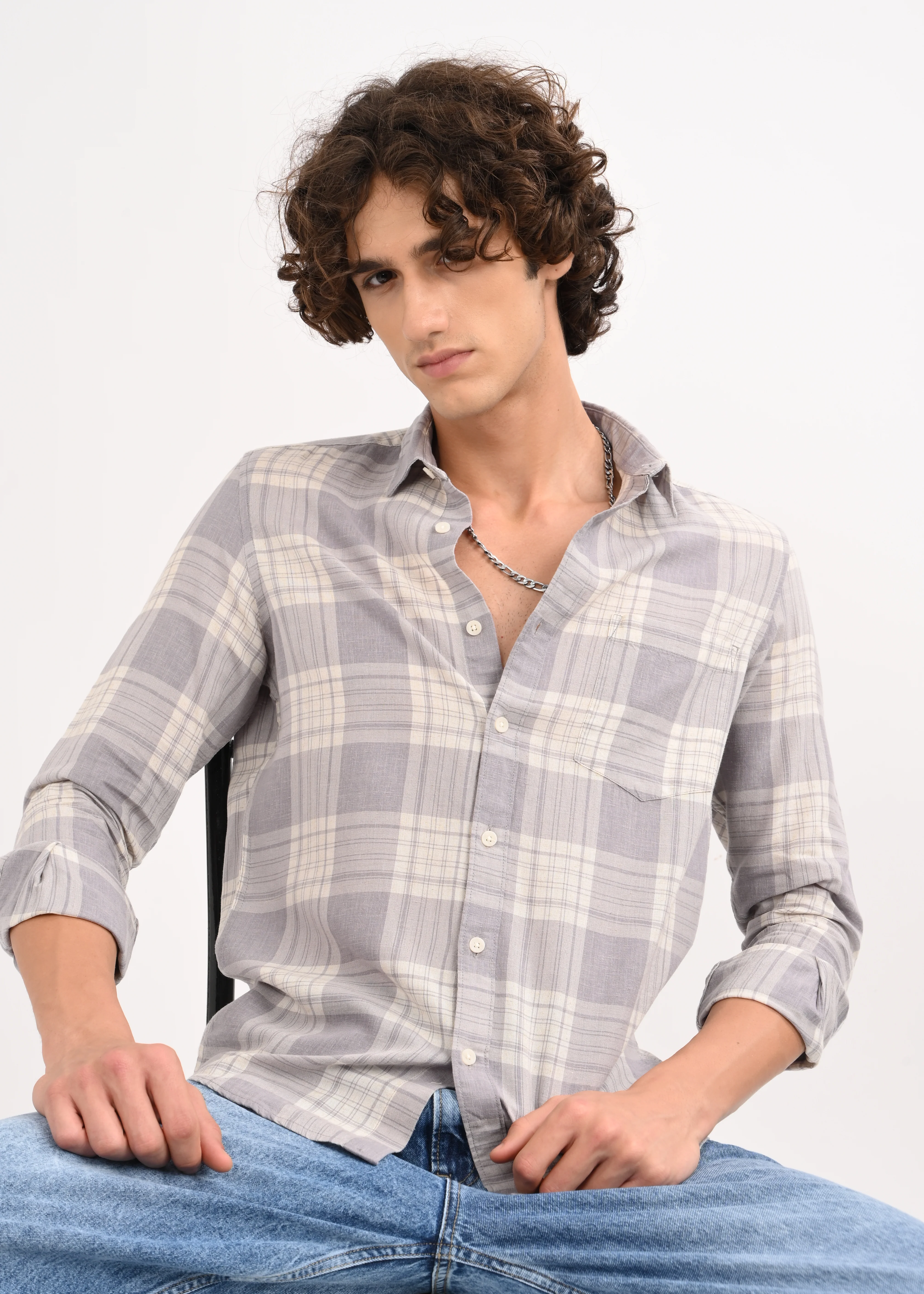 Men Grey Check Shirt - Image 2