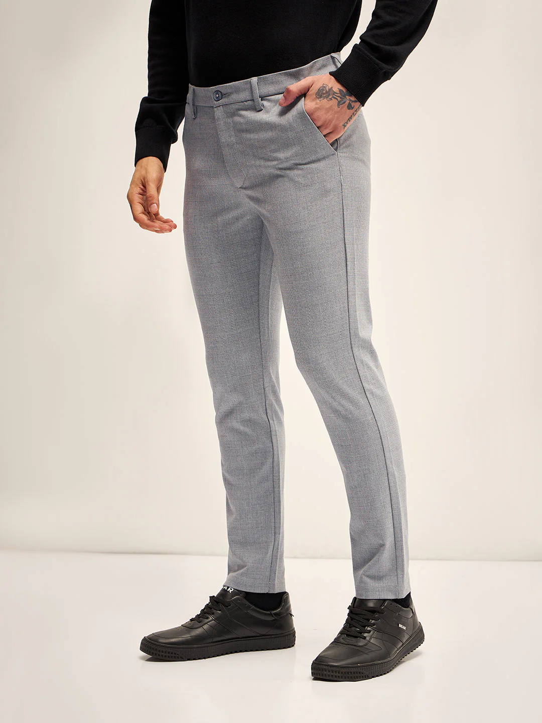 Men Grey Checked 4 Way Stretch Formal Trouser - Image 3