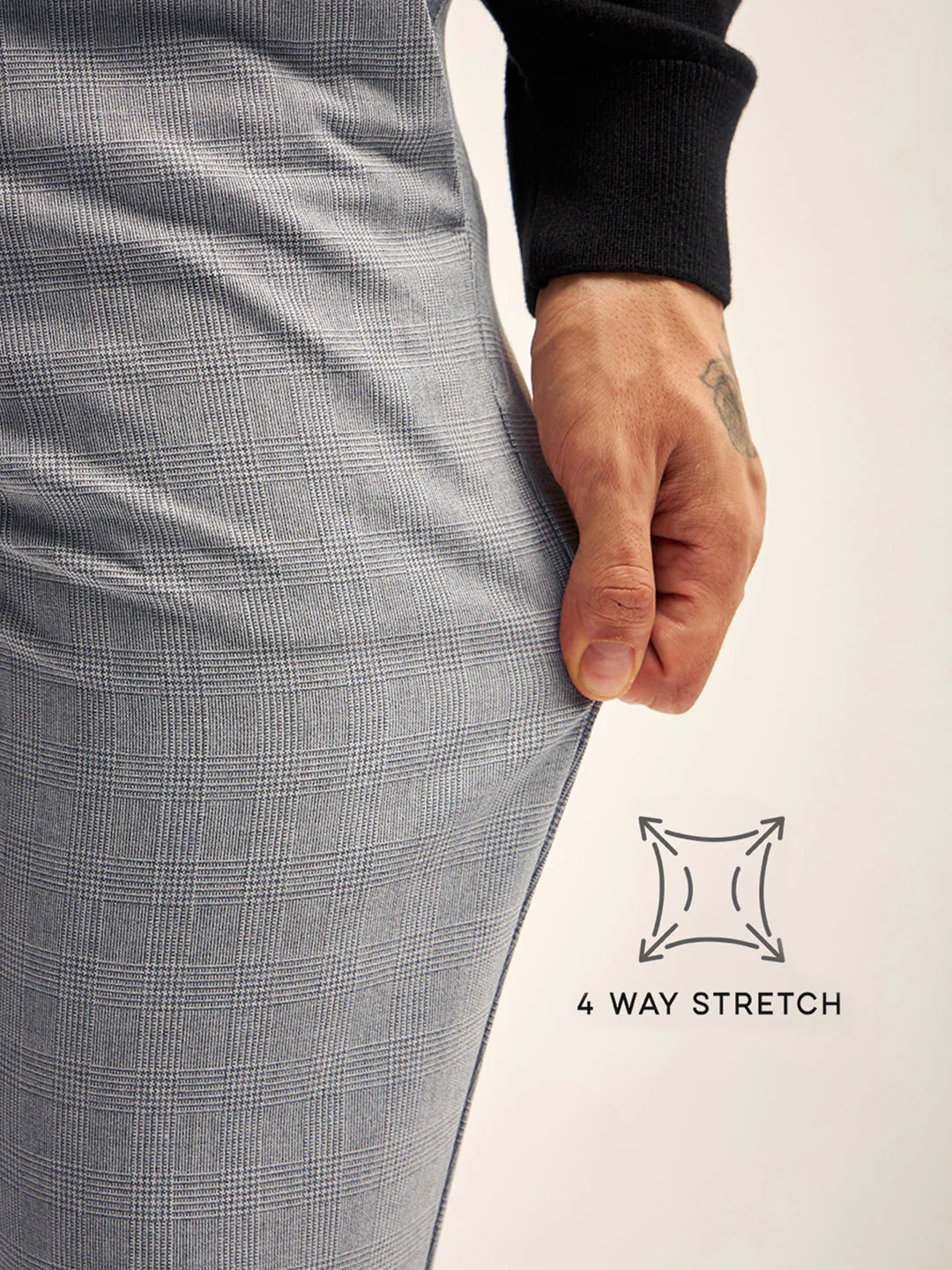 Men Grey Checked 4 Way Stretch Formal Trouser - Image 4