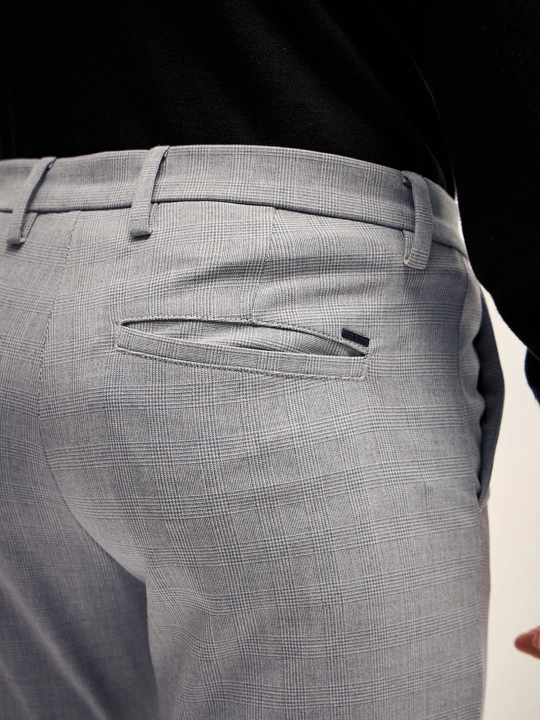 Men Grey Checked 4 Way Stretch Formal Trouser - Image 5