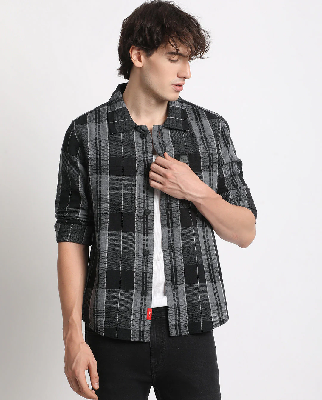 Men Grey Checked Regular Fit Cotton Shacket - Image 2