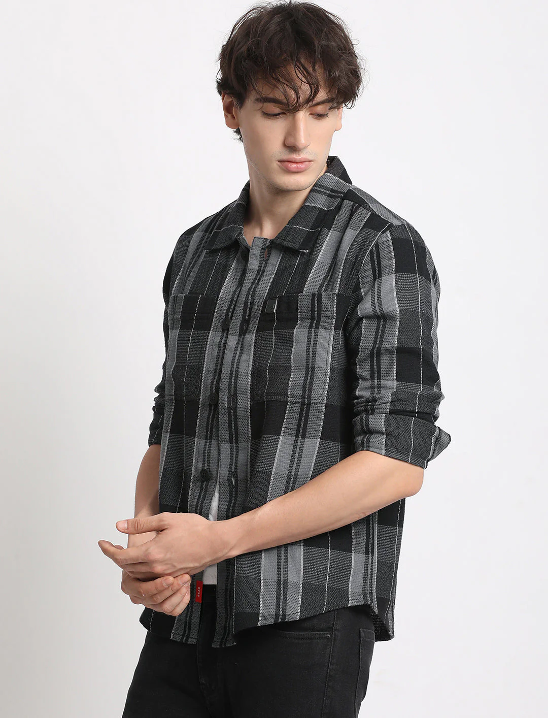 Men Grey Checked Regular Fit Cotton Shacket - Image 3