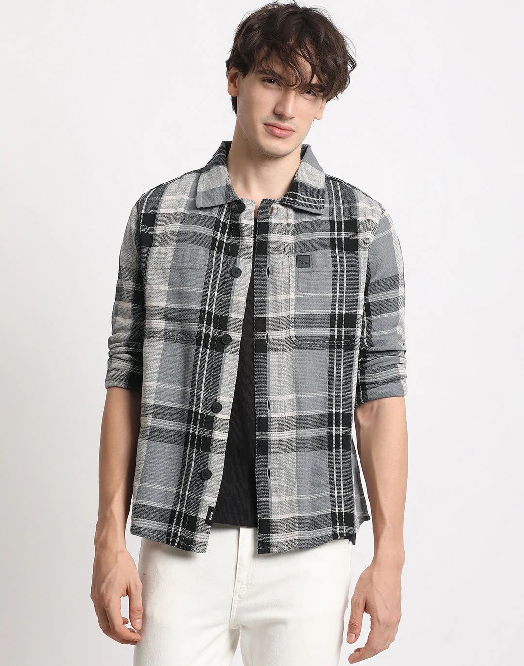 Men Grey Checked Regular Fit Cotton Shacket - Image 2
