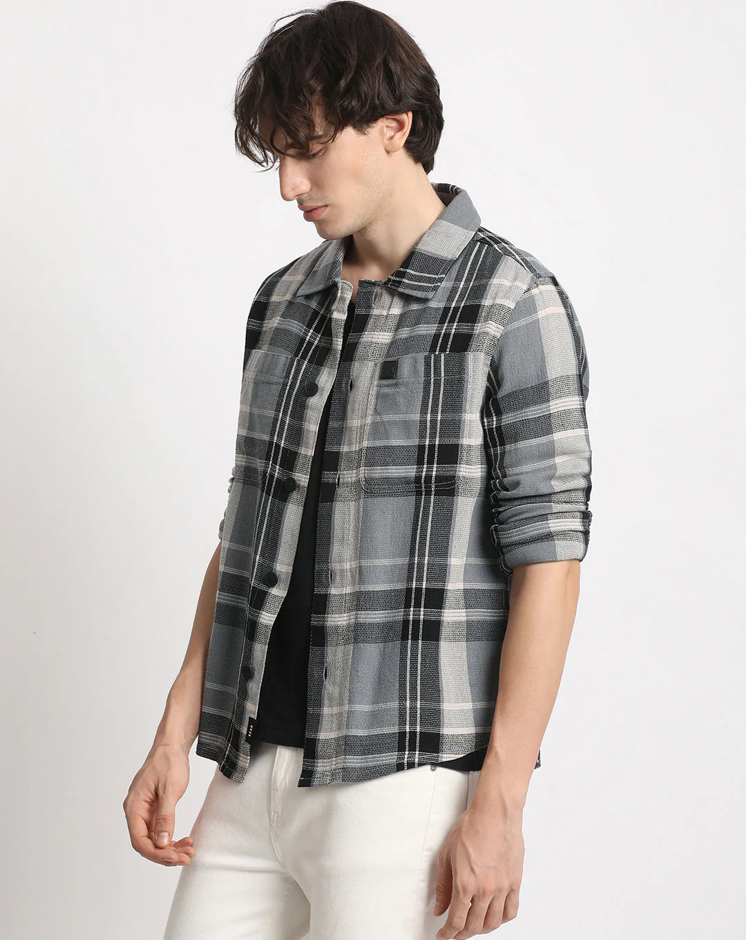 Men Grey Checked Regular Fit Cotton Shacket - Image 3