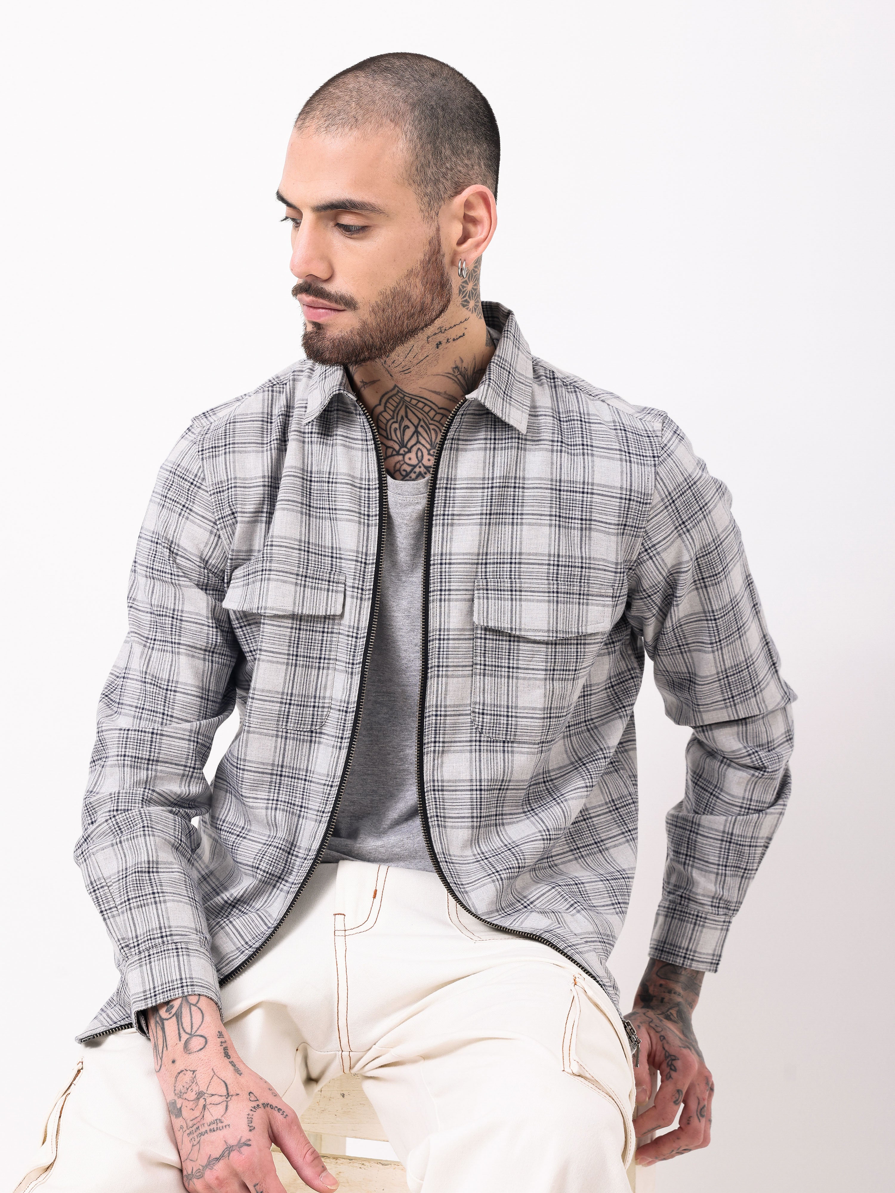 Men Grey Checked Shacket - Image 3