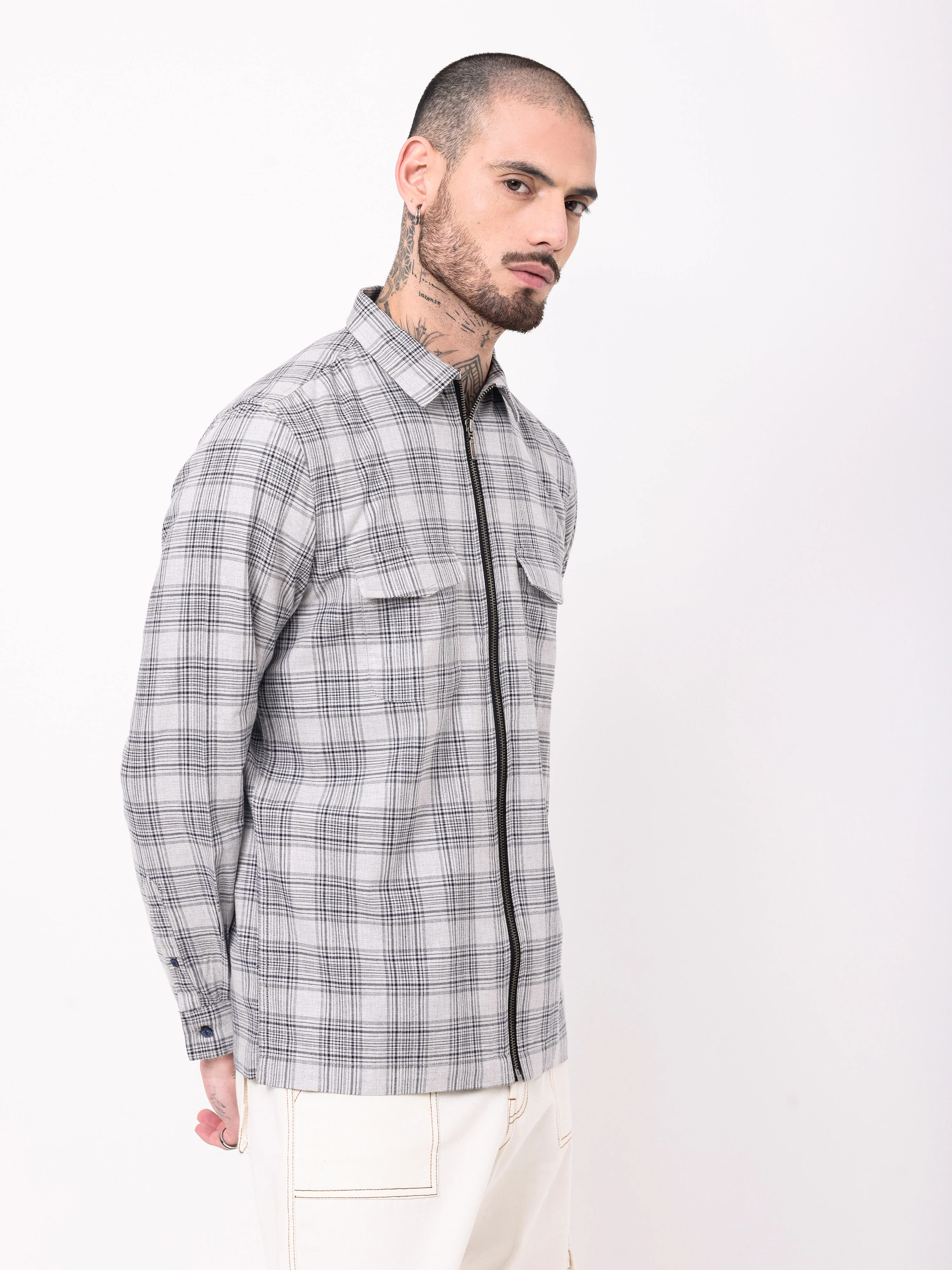 Men Grey Checked Shacket - Image 7
