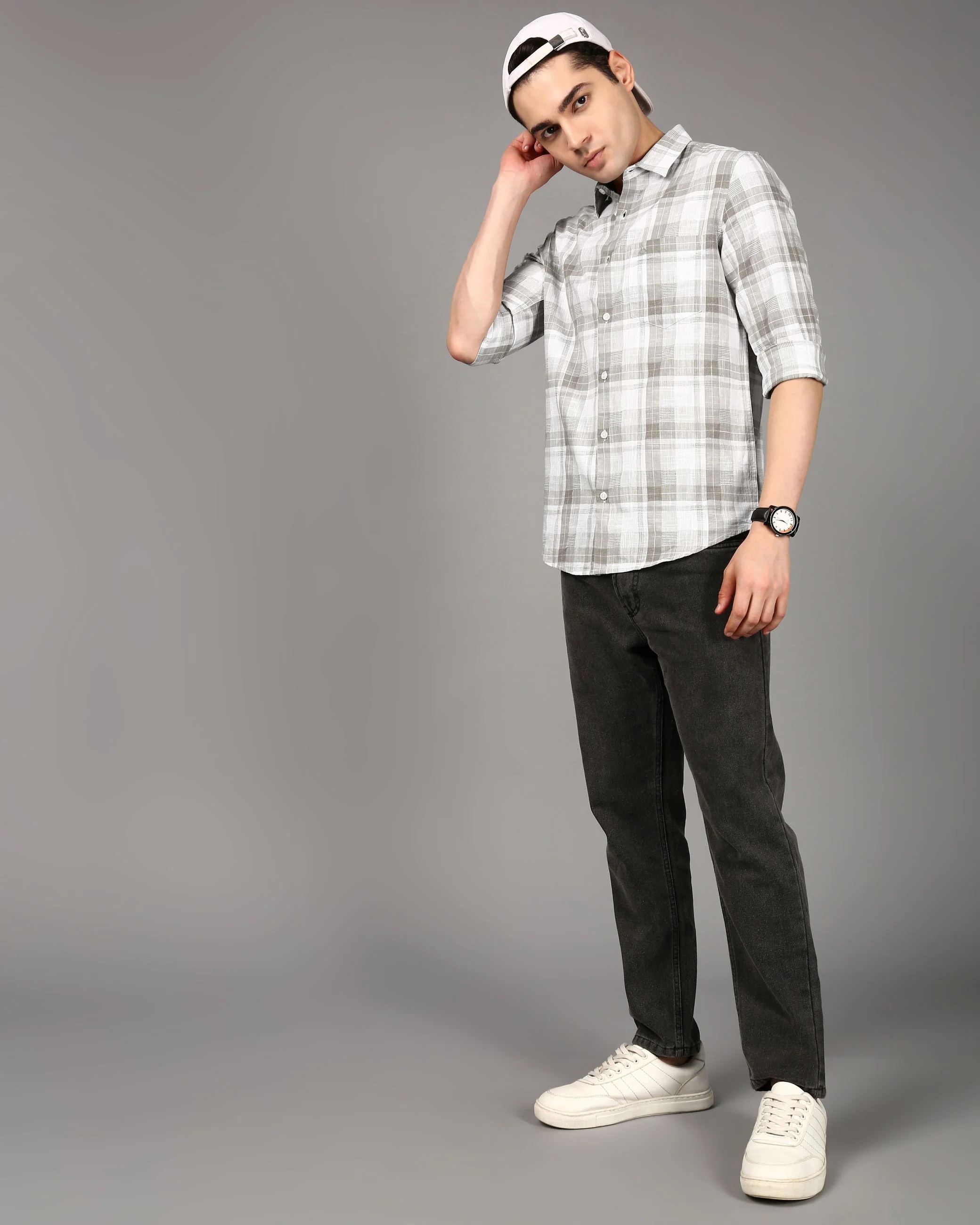 Men Grey Checked Shirt