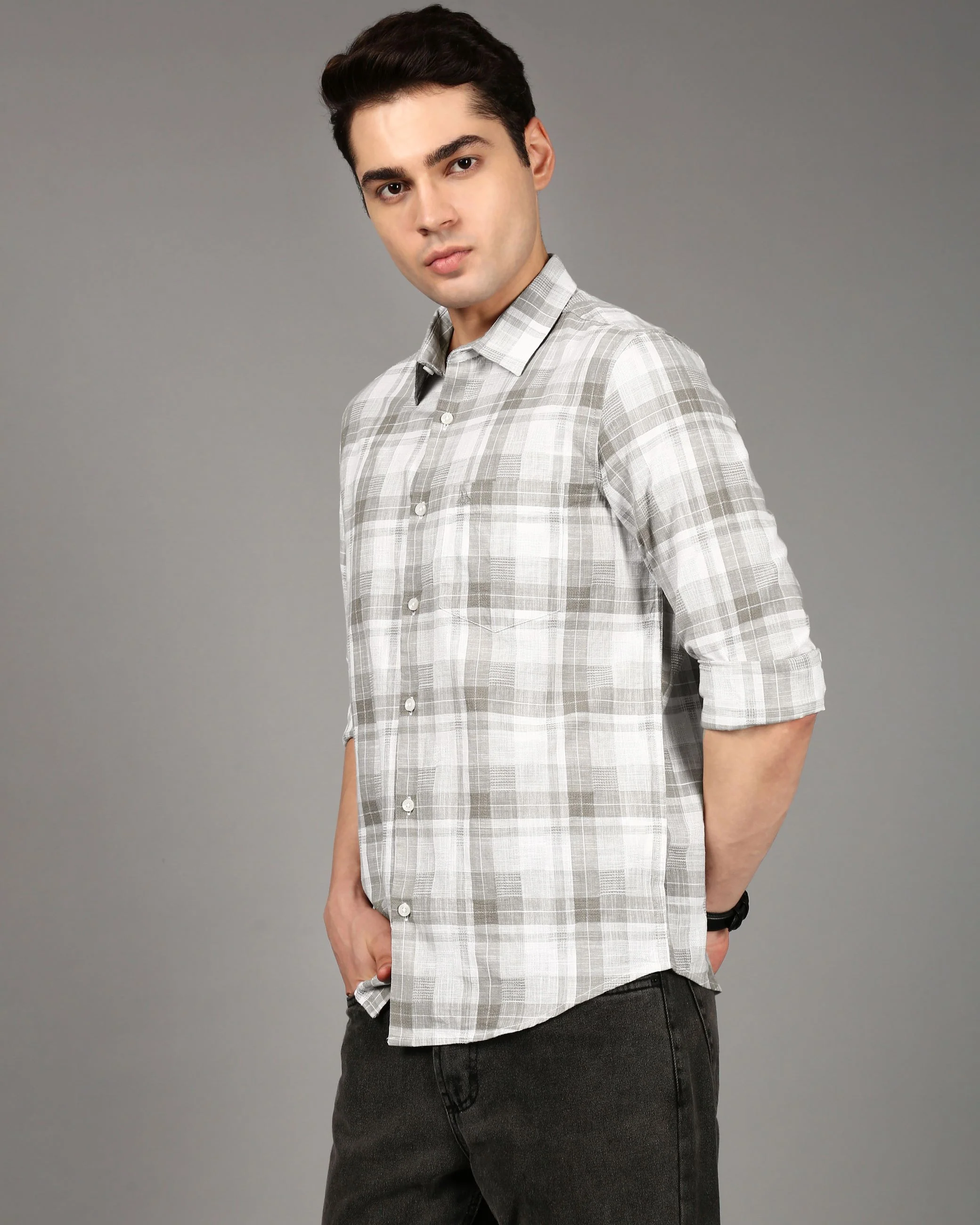 Men Grey Checked Shirt - Image 4