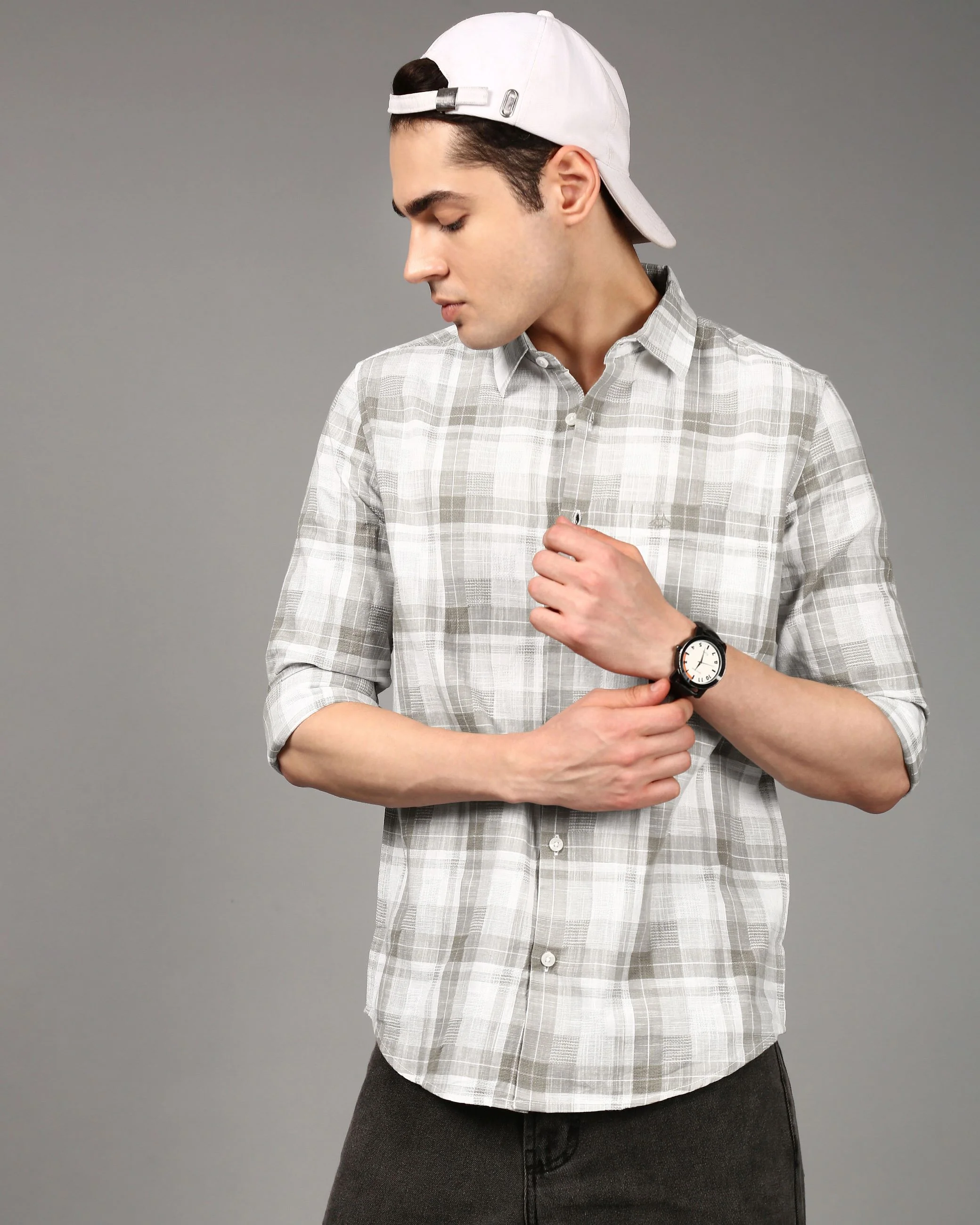 Men Grey Checked Shirt - Image 5