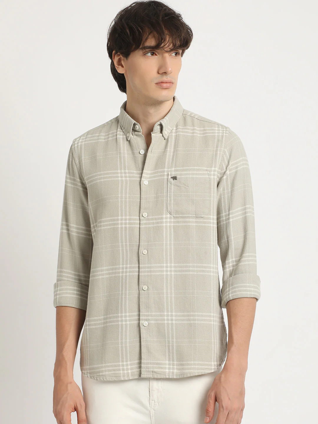 Men  Grey Checked Slim Fit Cotton Casual Shirt - Image 2
