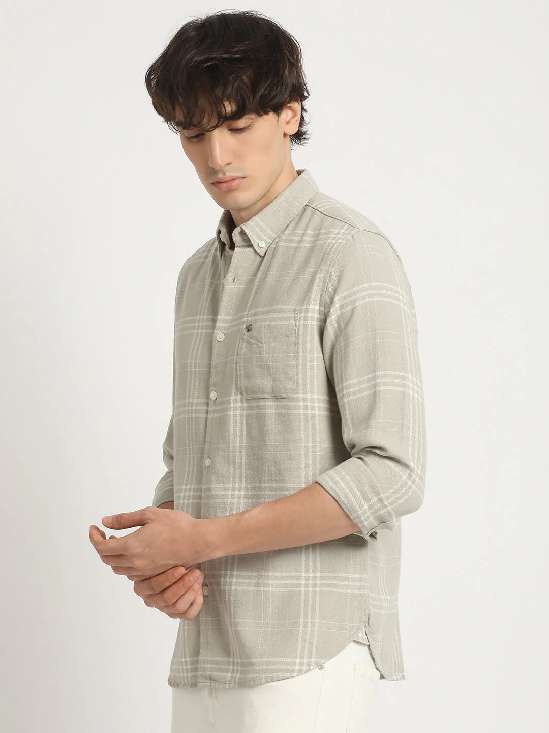 Men  Grey Checked Slim Fit Cotton Casual Shirt - Image 3