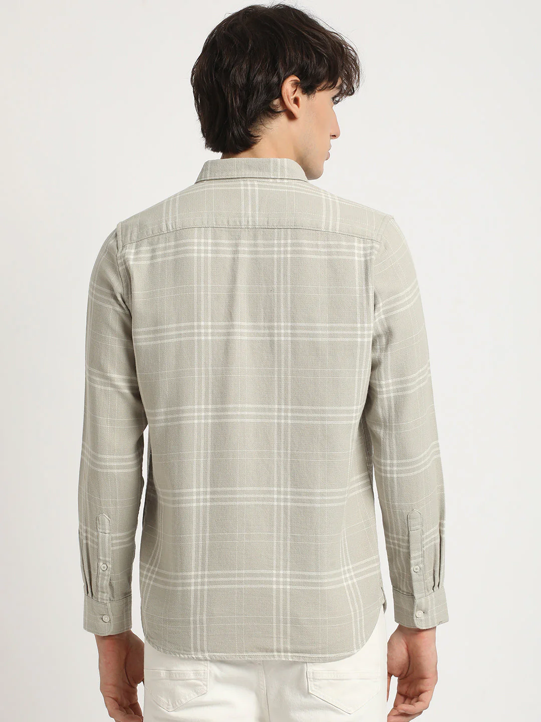 Men  Grey Checked Slim Fit Cotton Casual Shirt - Image 4