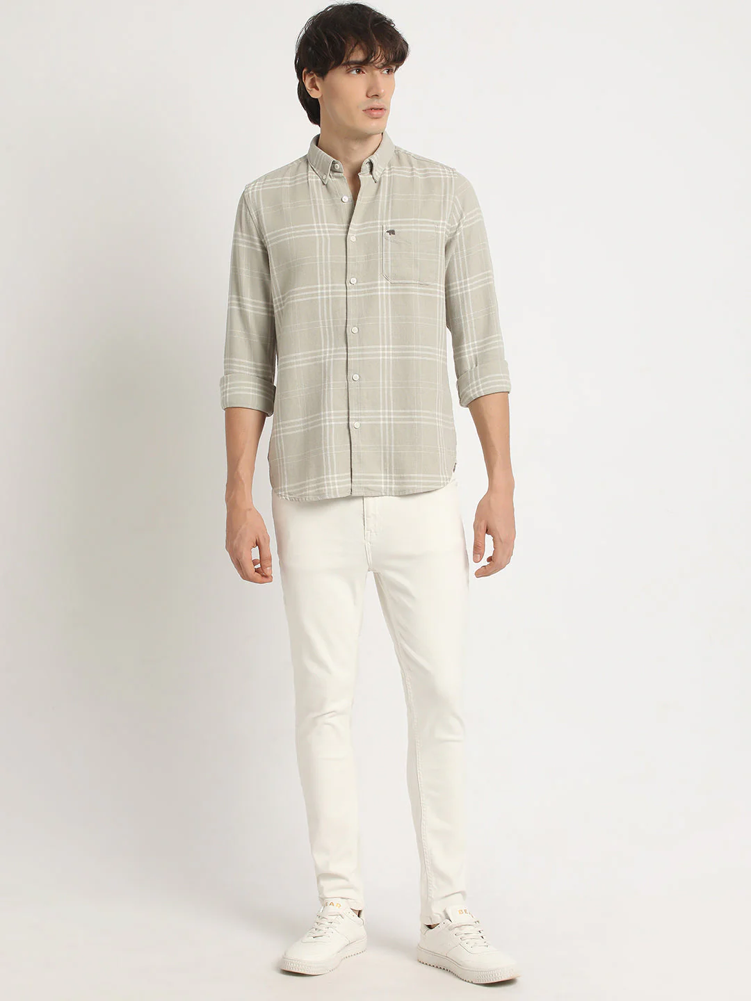 Men  Grey Checked Slim Fit Cotton Casual Shirt - Image 5