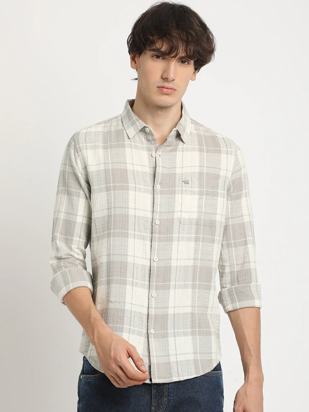 Men  Grey Checked Slim Fit Cotton Casual Shirt - Image 2