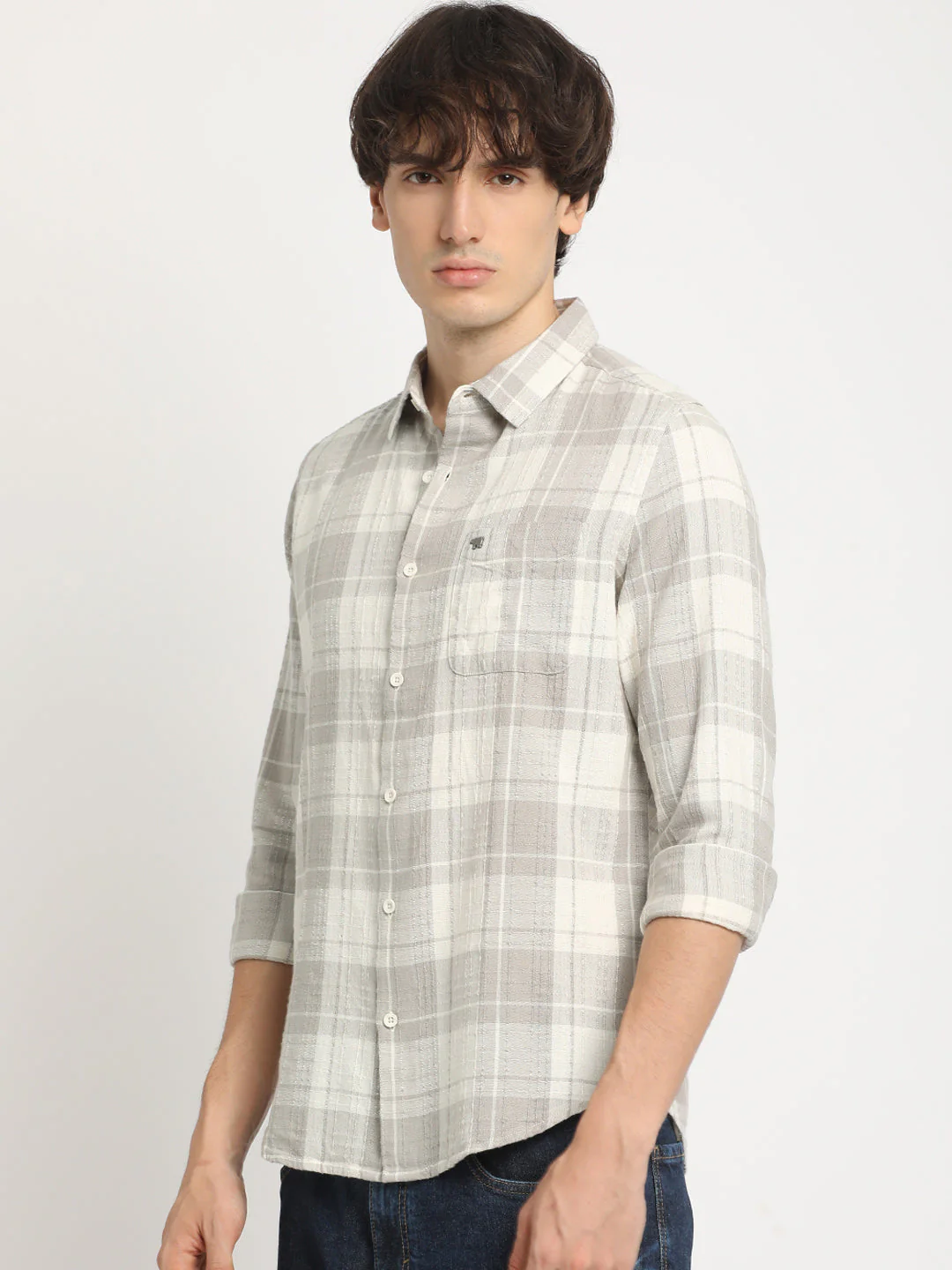 Men  Grey Checked Slim Fit Cotton Casual Shirt - Image 3