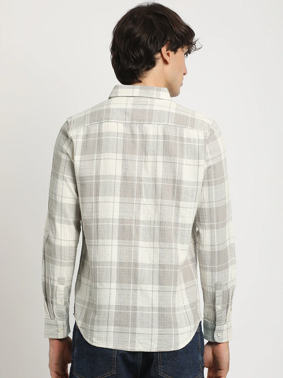 Men  Grey Checked Slim Fit Cotton Casual Shirt - Image 4