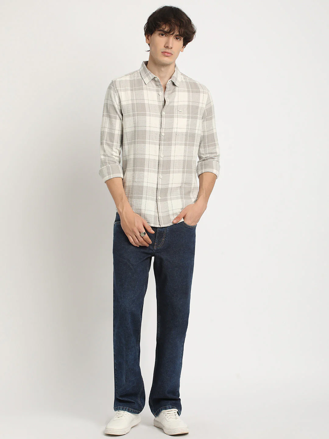 Men  Grey Checked Slim Fit Cotton Casual Shirt - Image 5