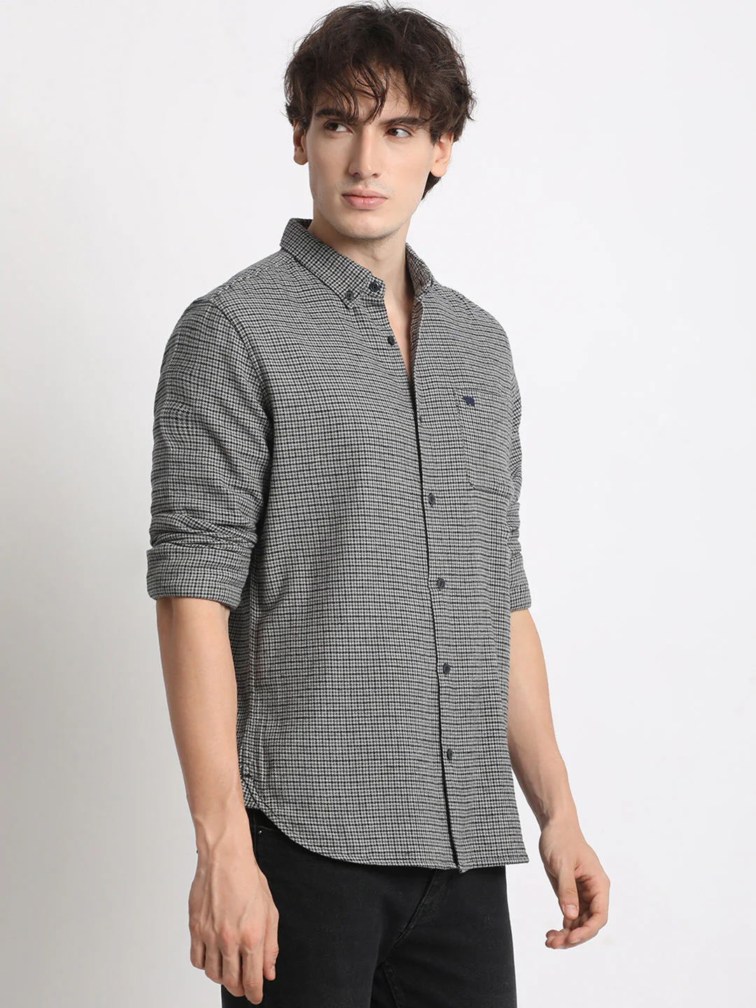 Men  Grey Checked Slim Fit Cotton Casual Shirt - Image 3