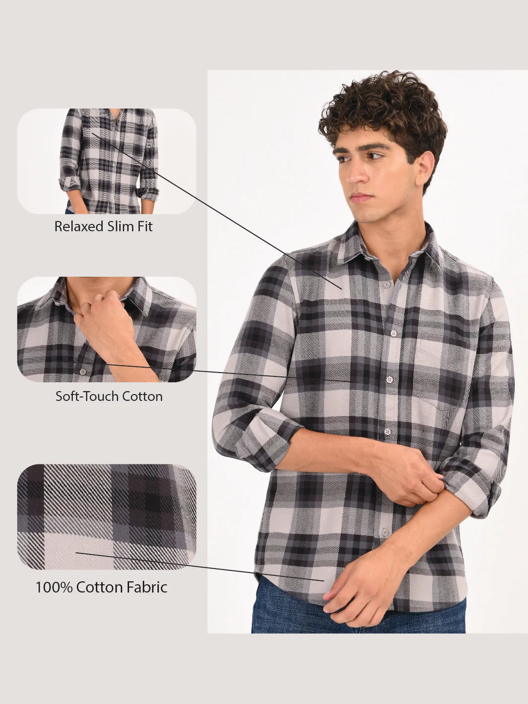 Men Grey Classic Checked Shirt - Image 15