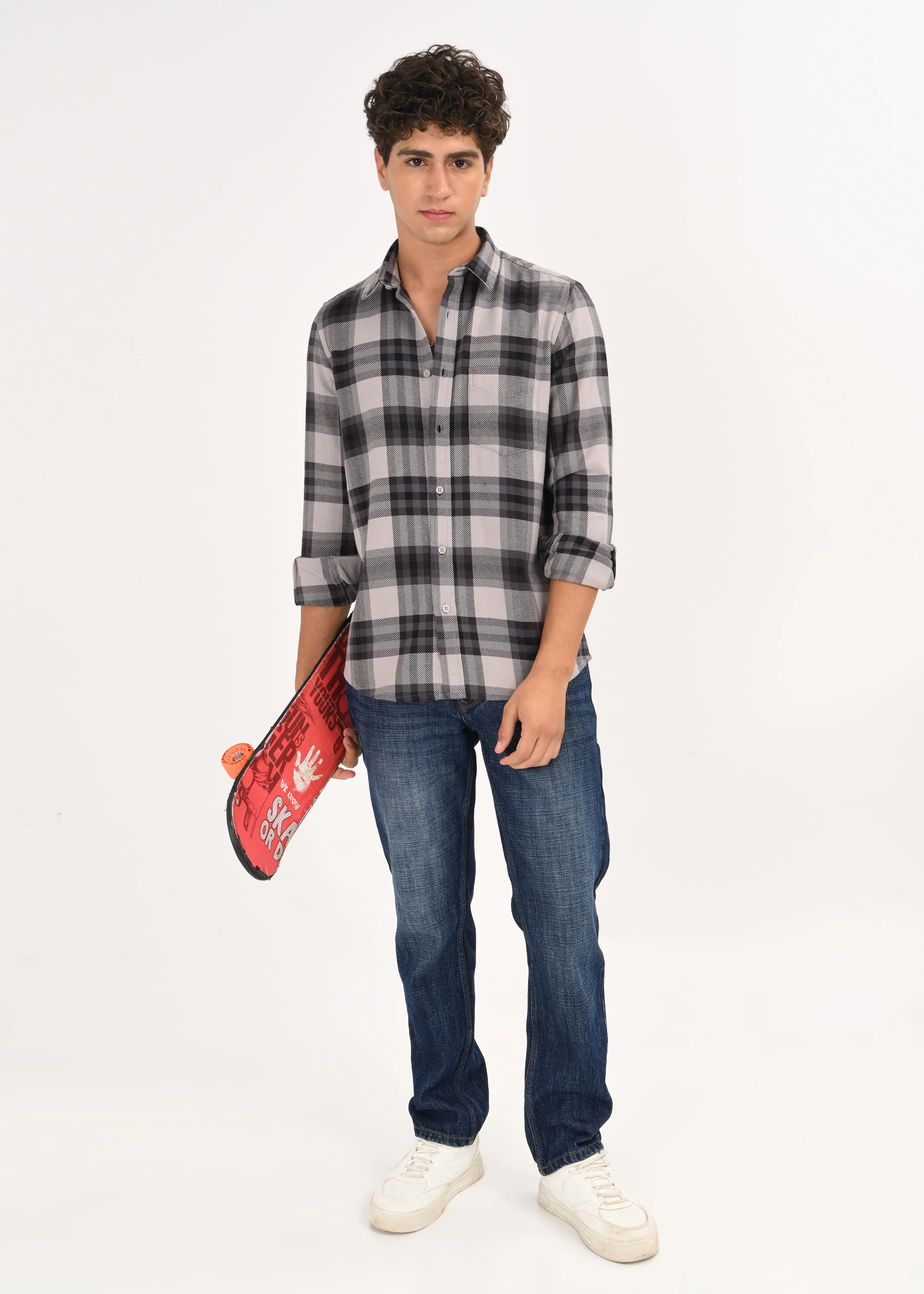Men Grey Classic Checked Shirt - Image 8