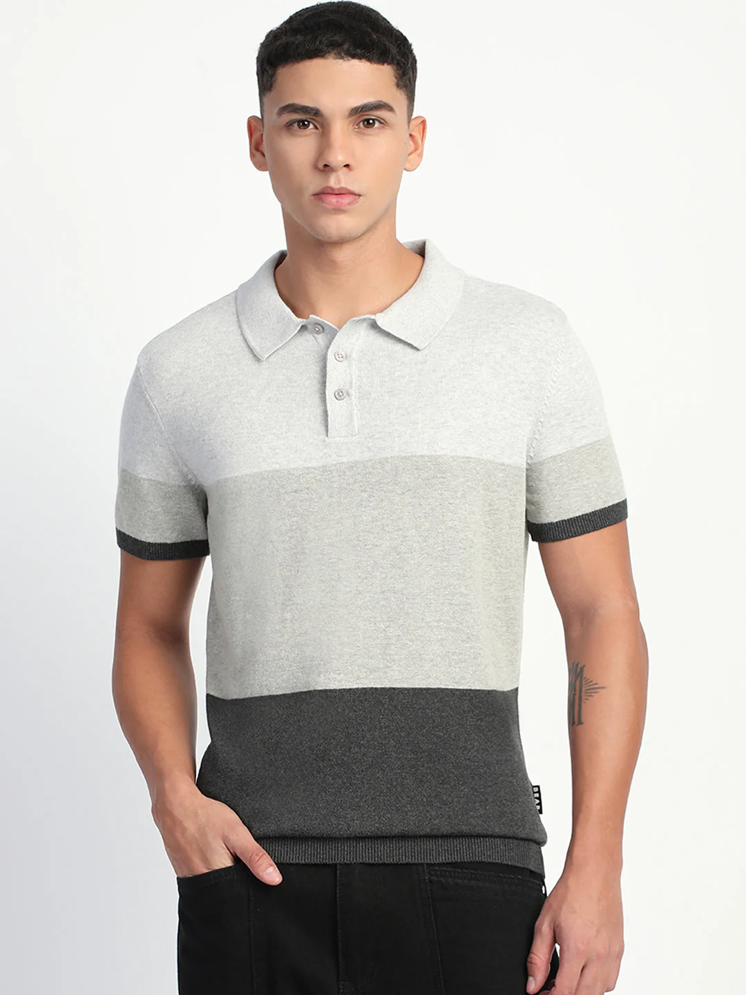 Men Grey Color Block Regular Fit Polo T-Shirt - Image 2