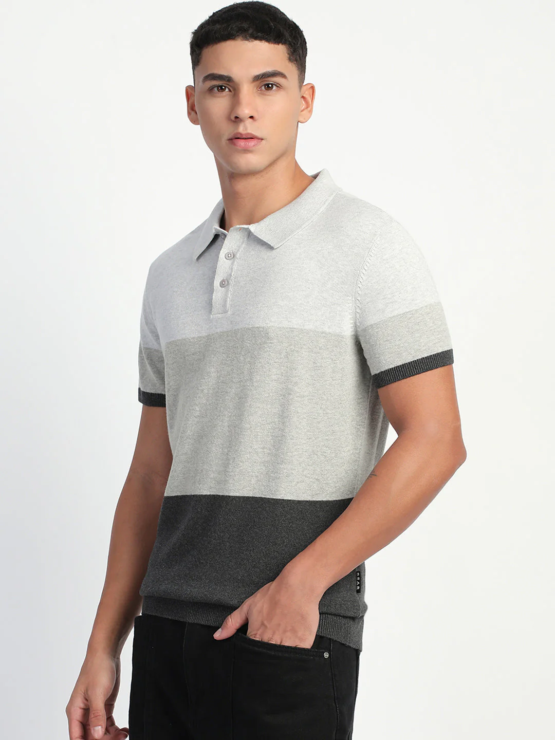 Men Grey Color Block Regular Fit Polo T-Shirt - Image 3