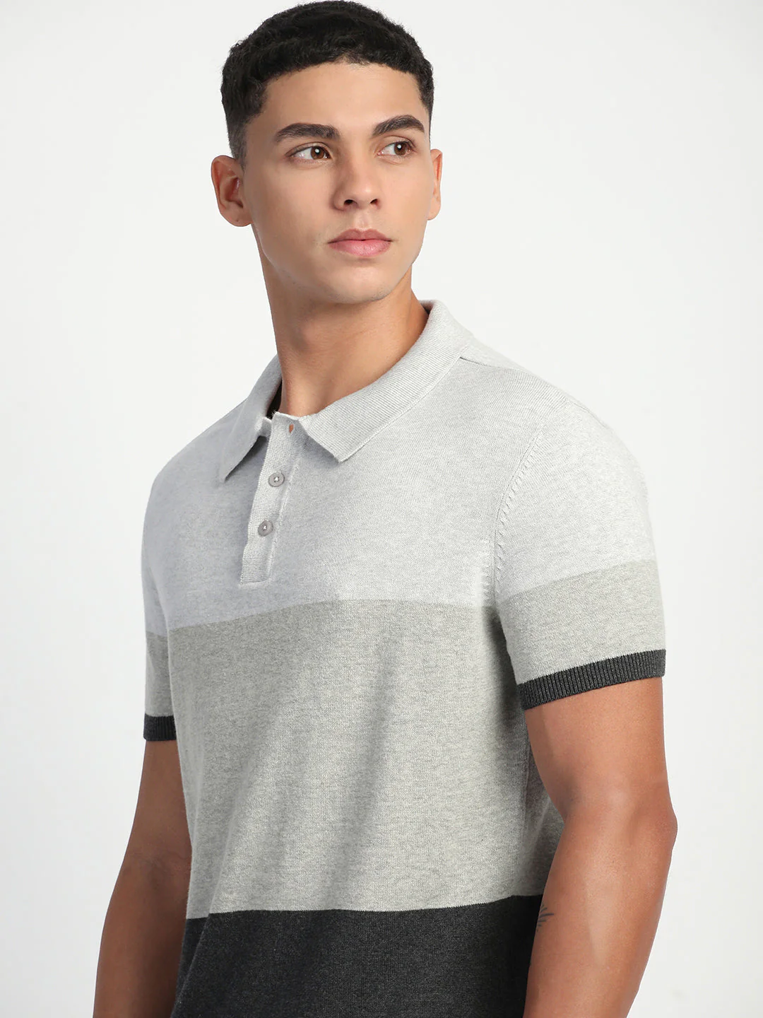Men Grey Color Block Regular Fit Polo T-Shirt - Image 6