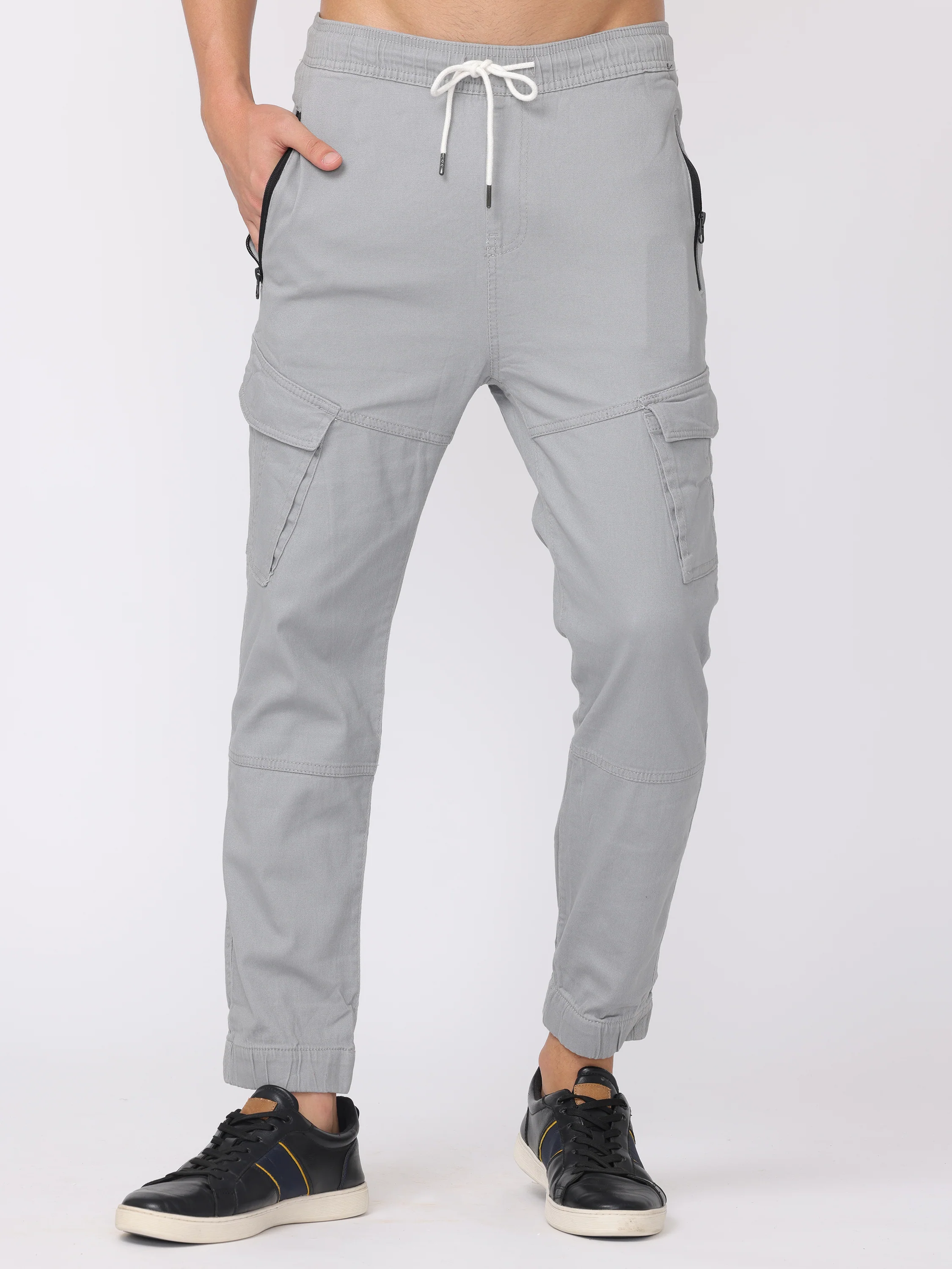 Men Grey Zip Pockets Comfort Fit Joggers - Image 3