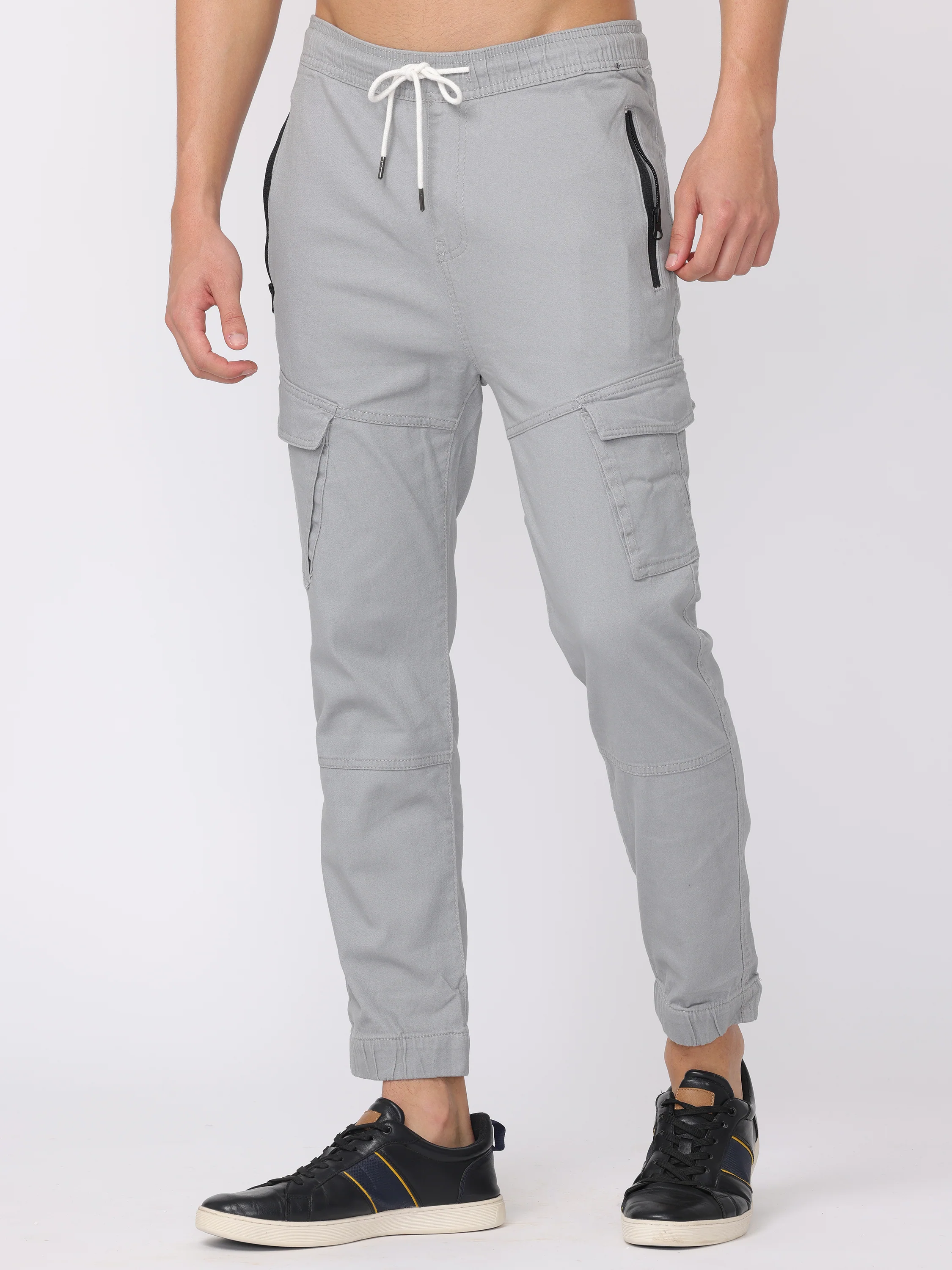 Men Grey Zip Pockets Comfort Fit Joggers - Image 4