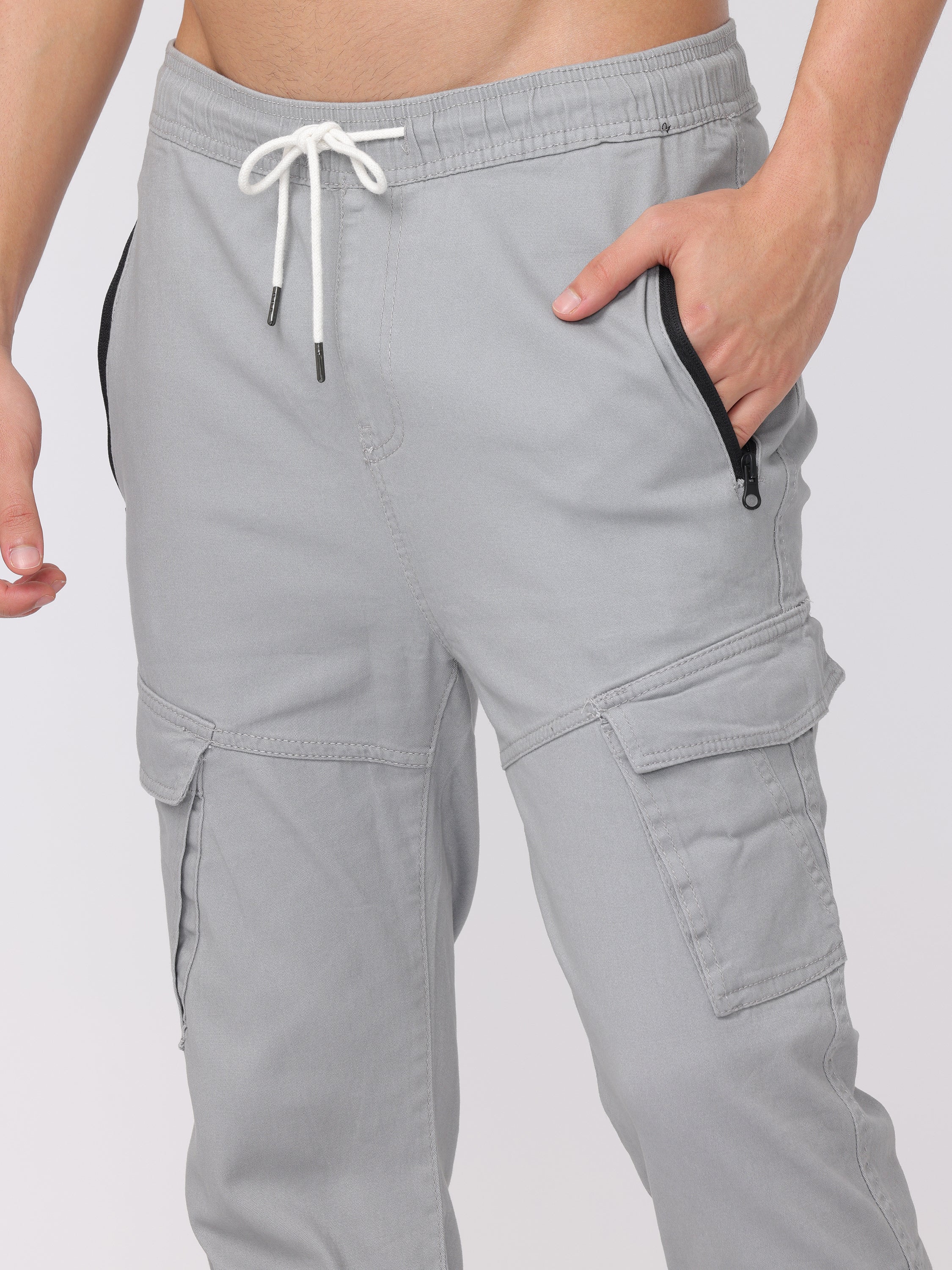 Men Grey Zip Pockets Comfort Fit Joggers - Image 6