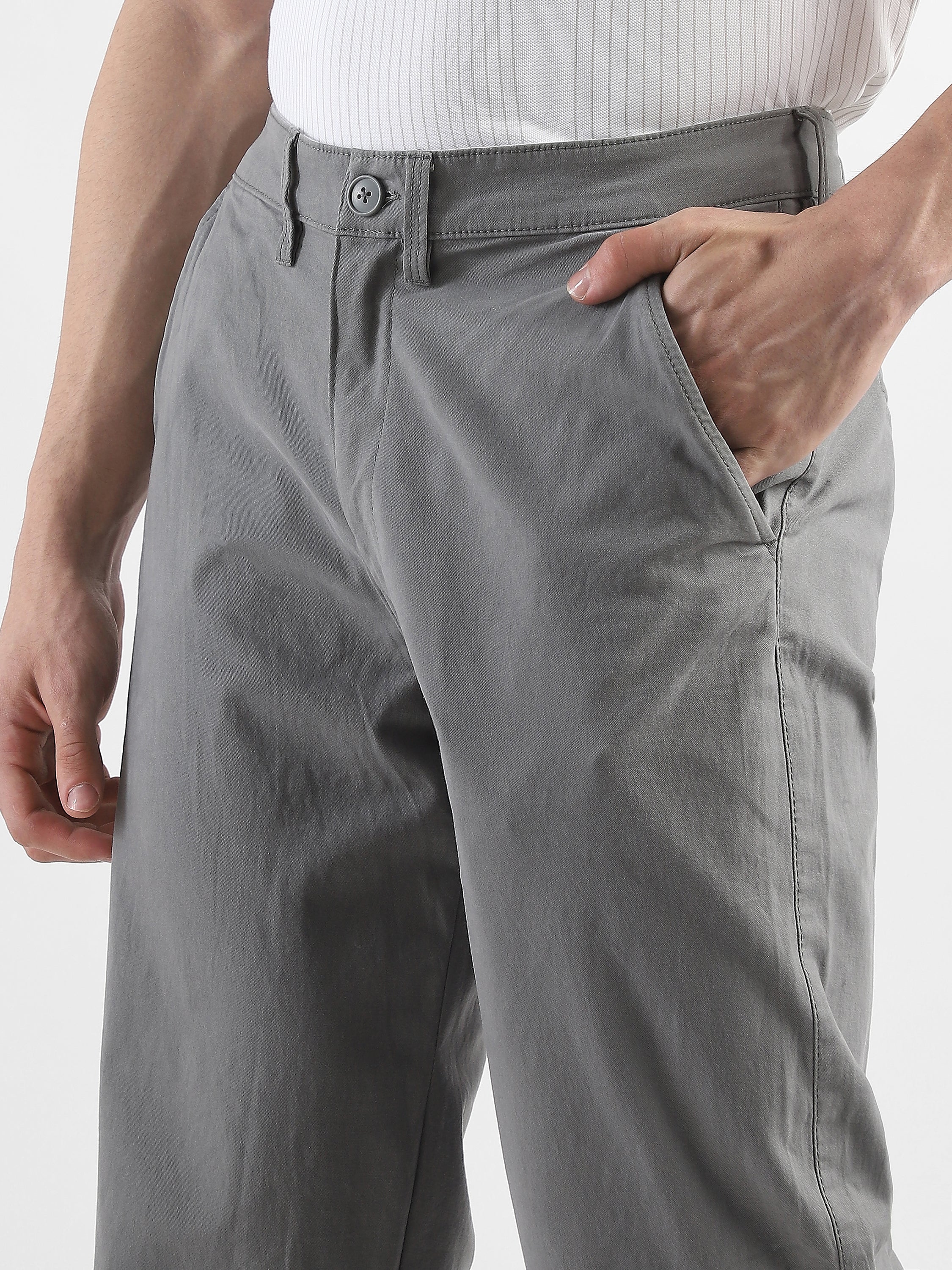 Men Grey Straight Fit Trousers - Image 6