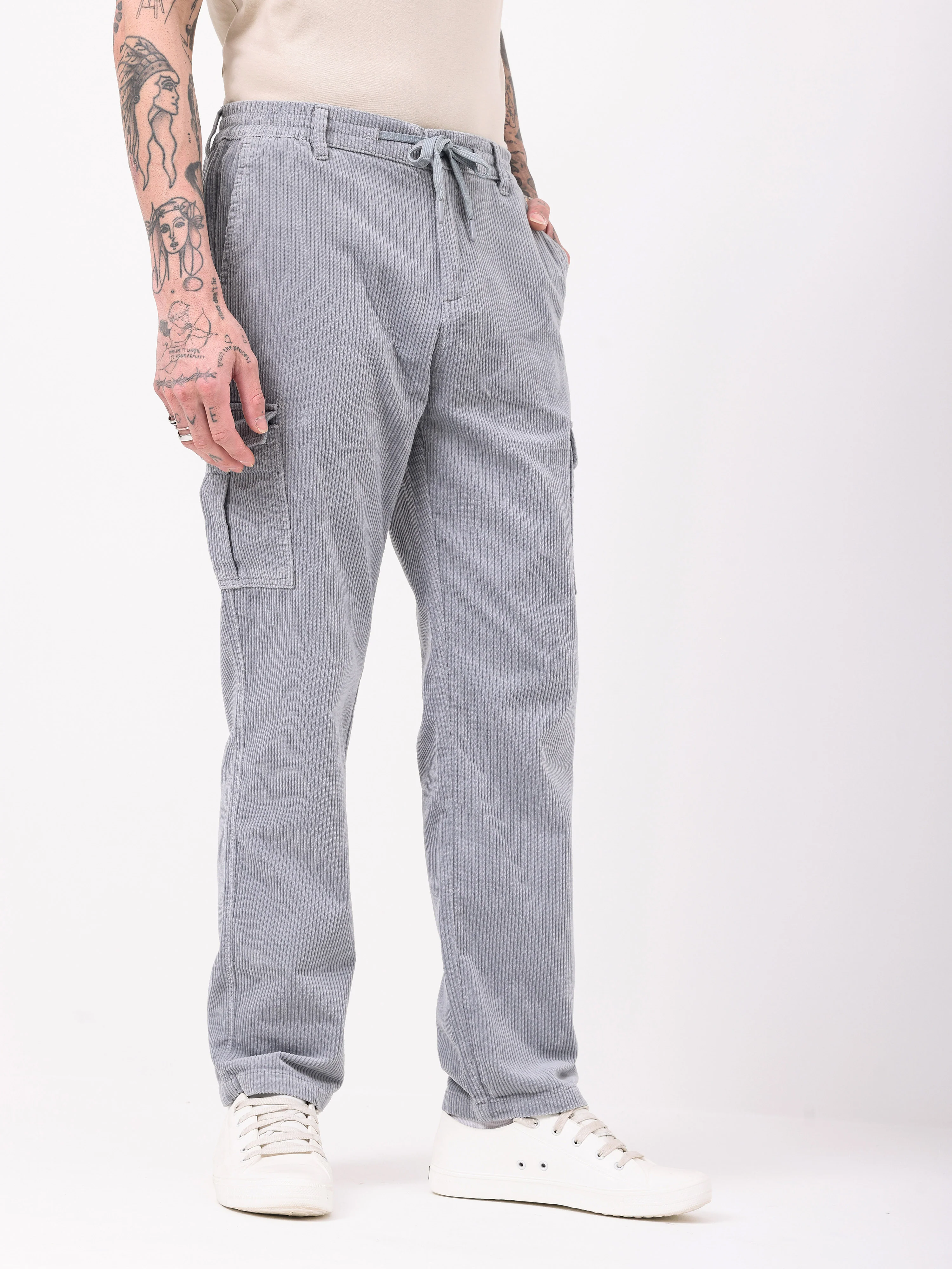 Men Grey Corduroy Regular Fit Cargo Pants - Image 2