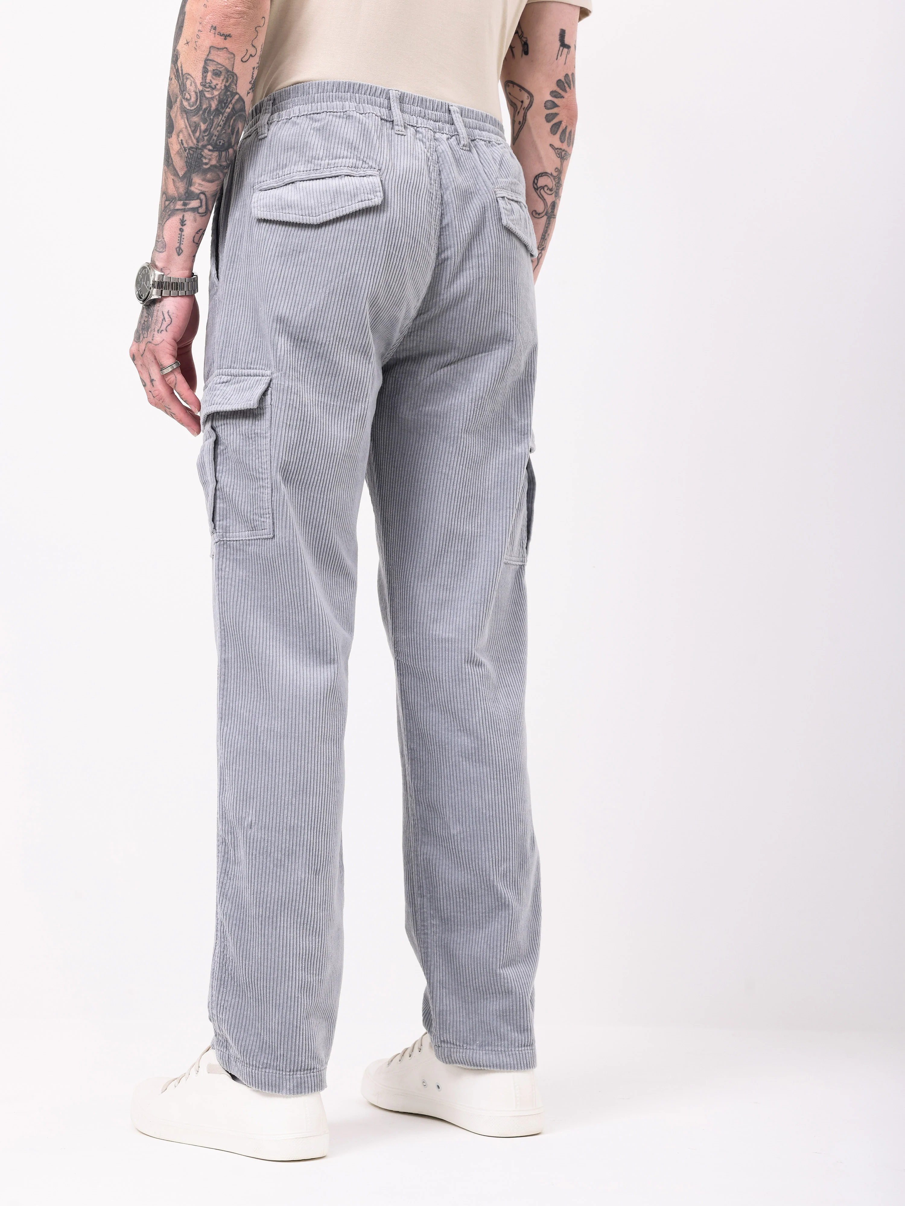 Men Grey Corduroy Regular Fit Cargo Pants - Image 3