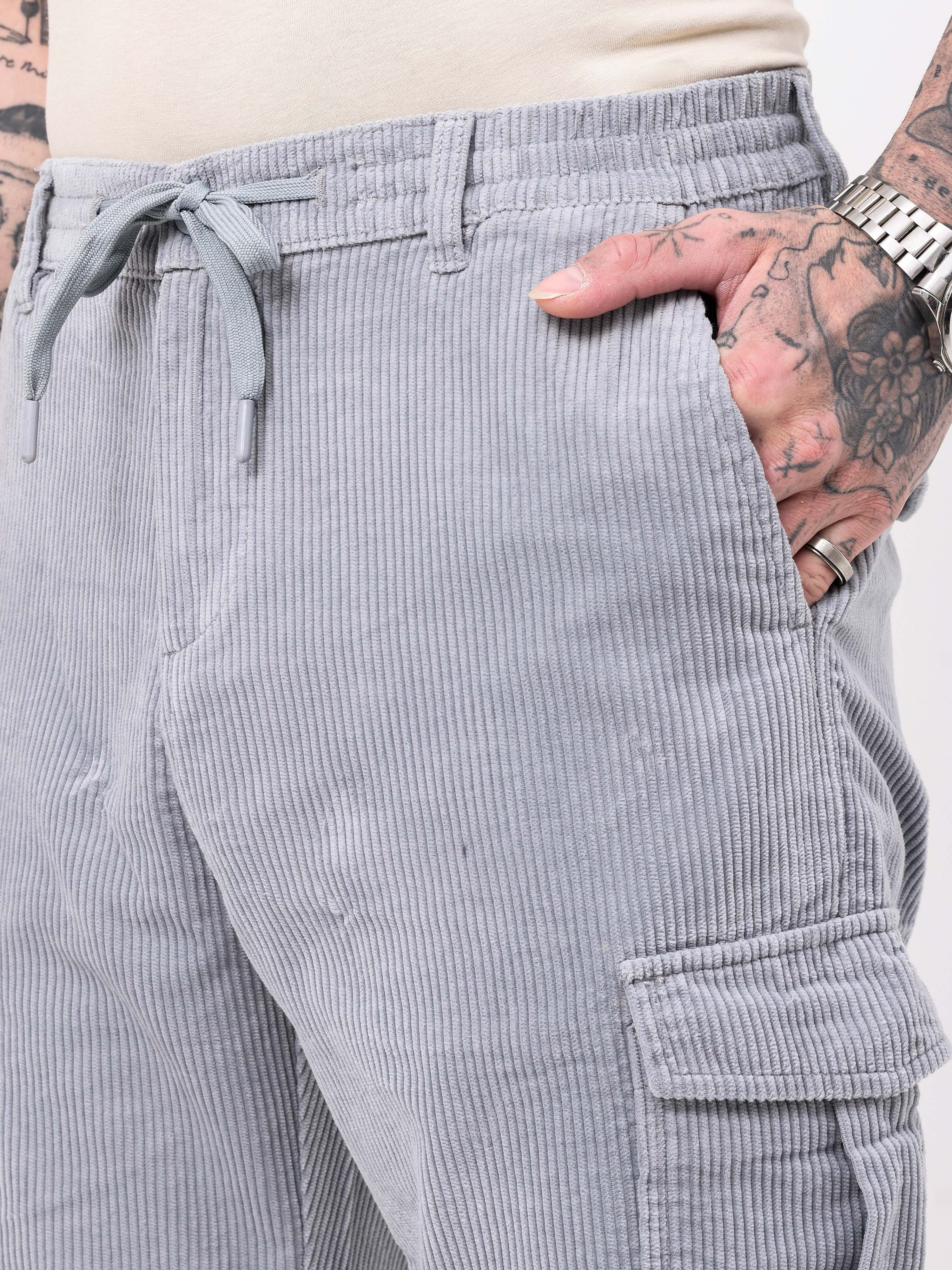 Men Grey Corduroy Regular Fit Cargo Pants - Image 4
