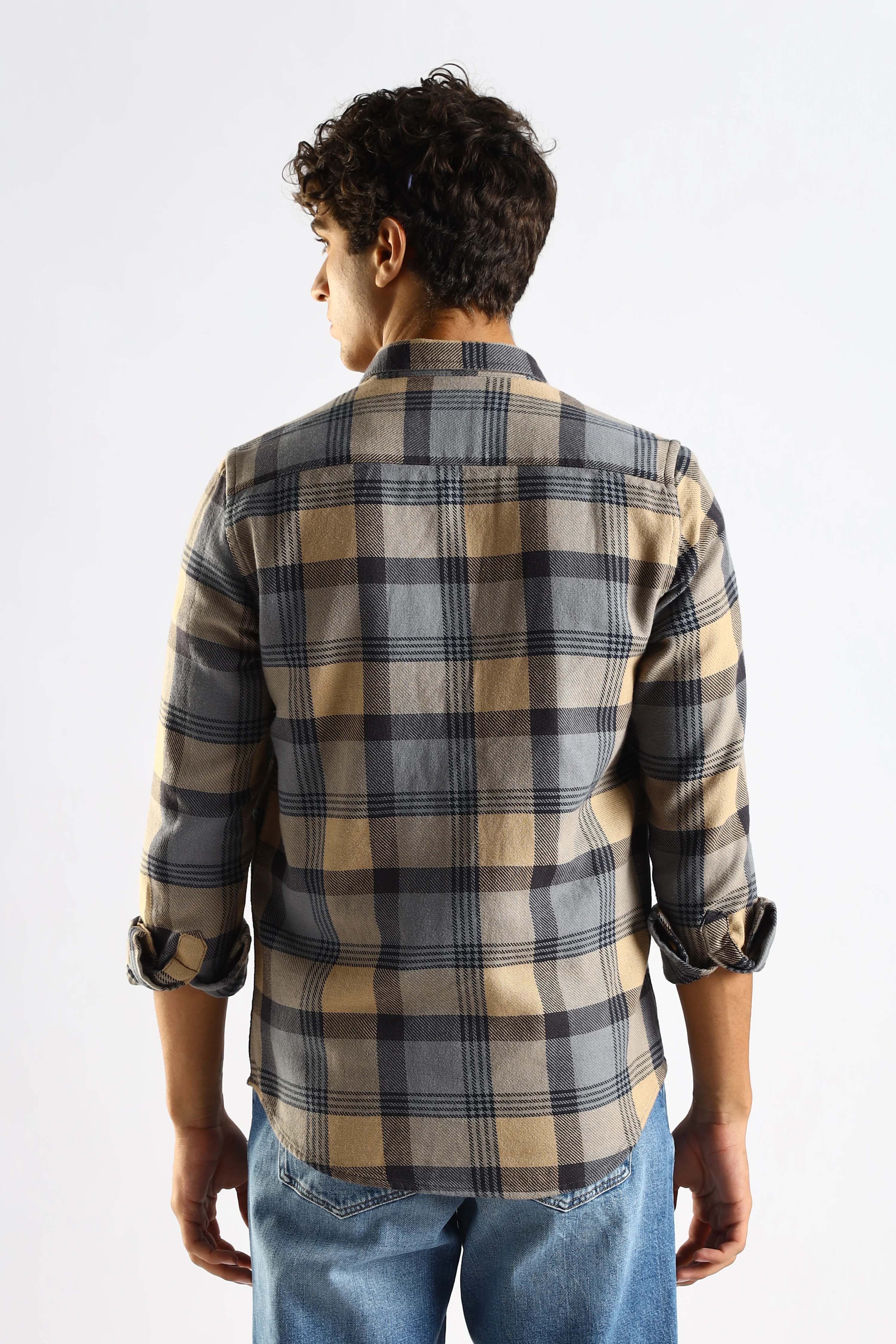 Men Grey Cotton Blend Checked Shirt - Image 3