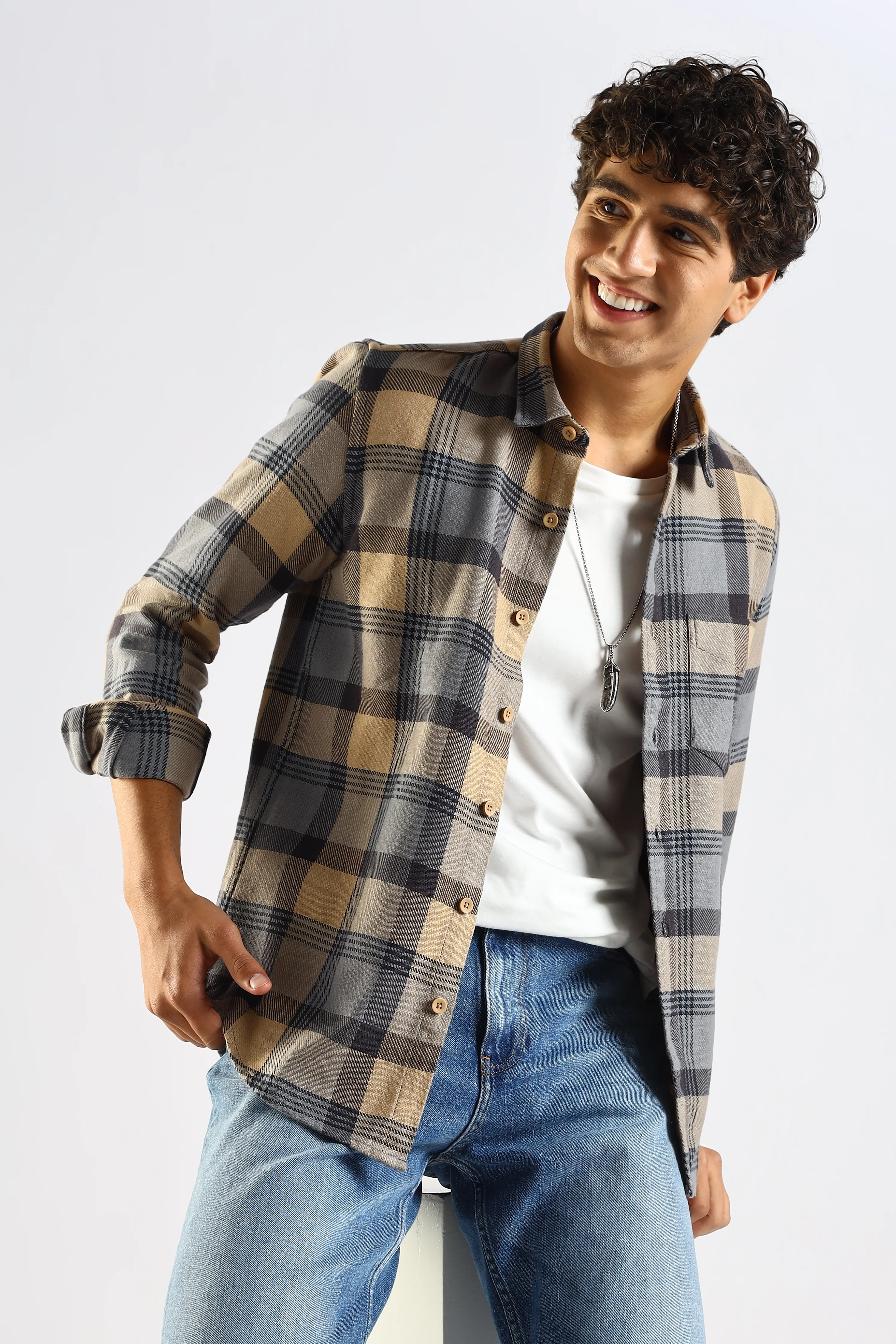 Men Grey Cotton Blend Checked Shirt - Image 5