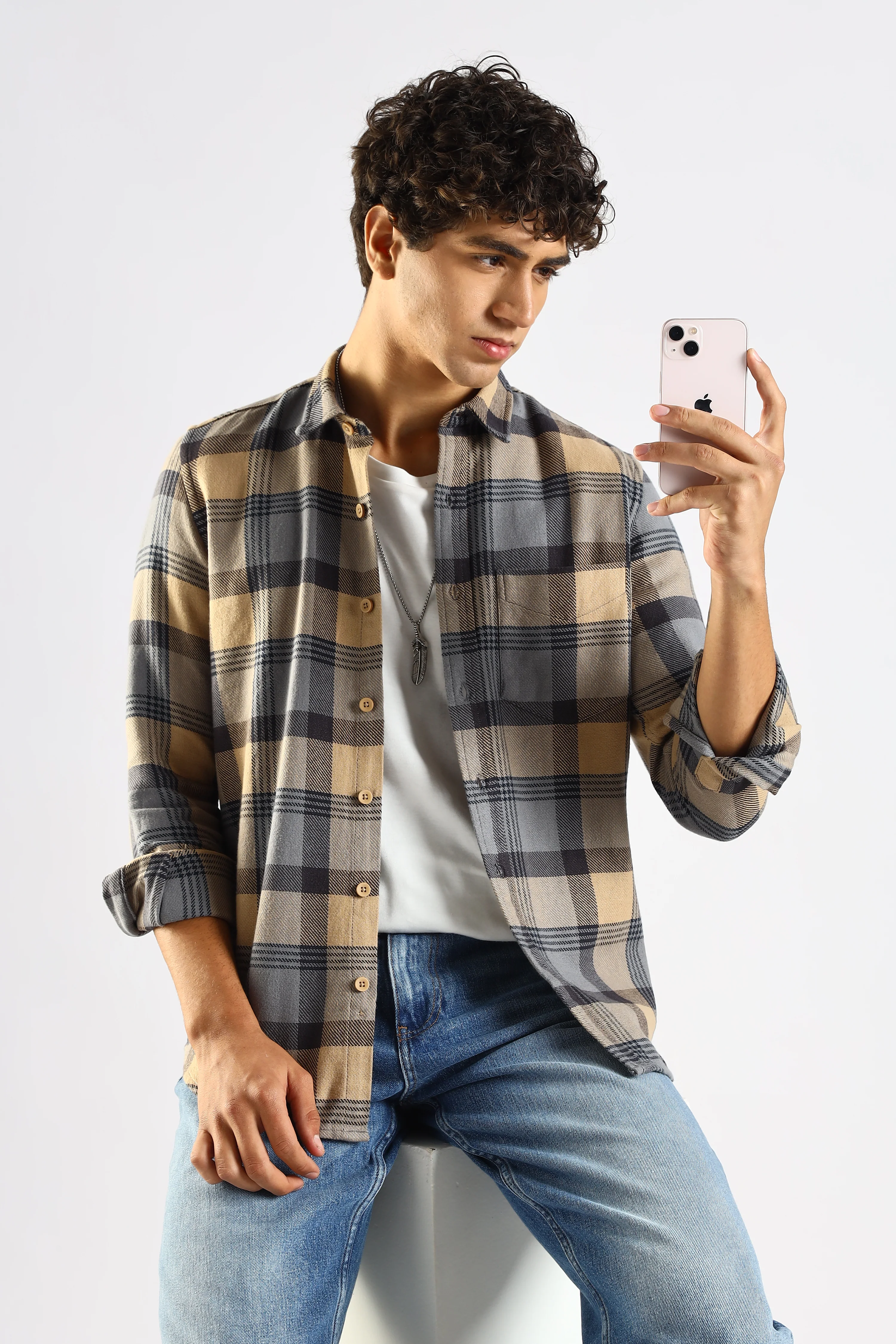 Men Grey Cotton Blend Checked Shirt - Image 7