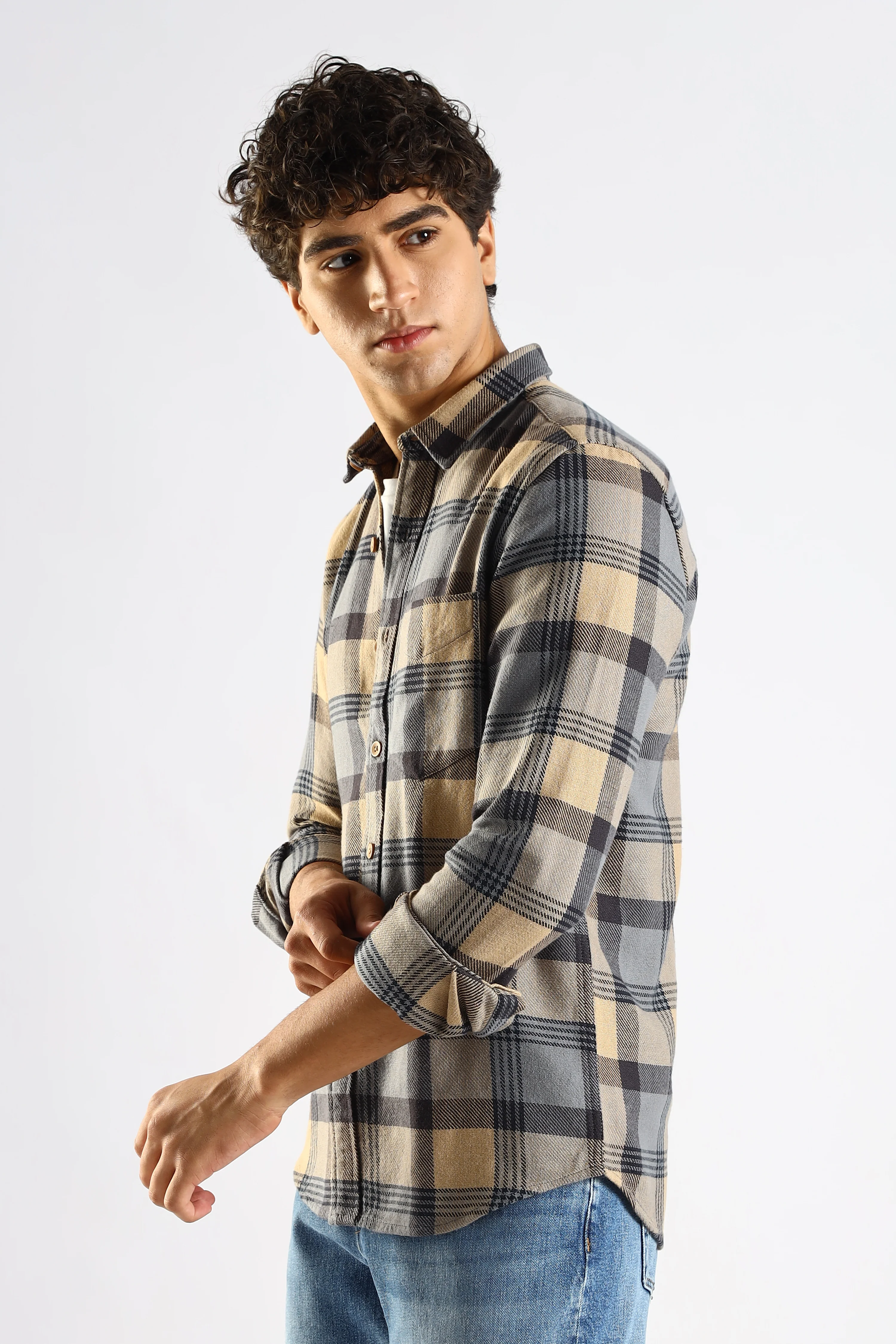 Men Grey Cotton Blend Checked Shirt - Image 9