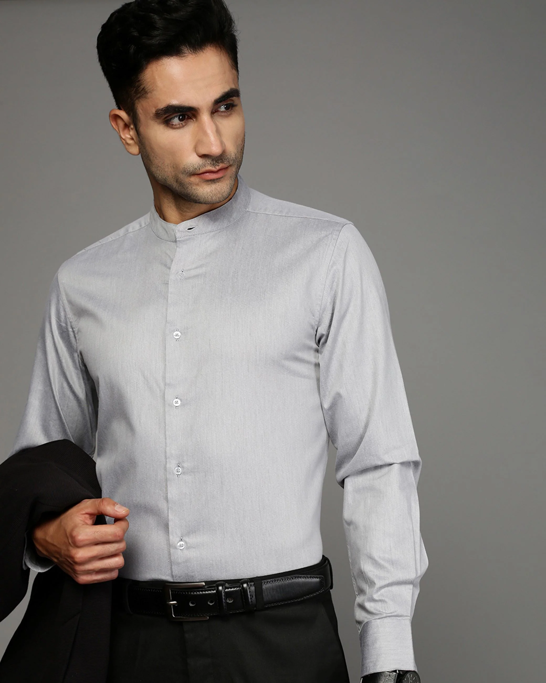 Men Grey Cotton Blend Slim Shirt