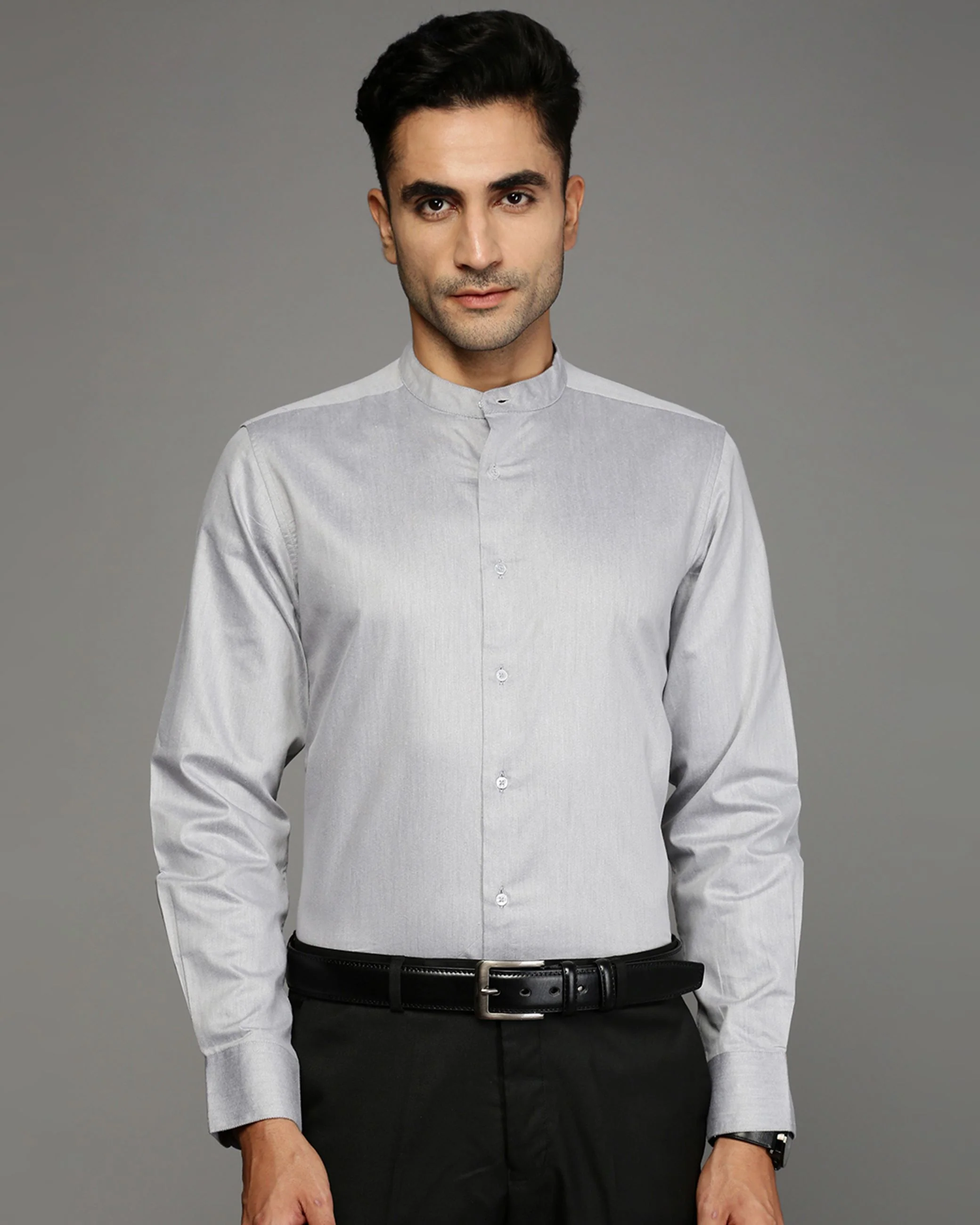 Men Grey Cotton Blend Slim Shirt - Image 2