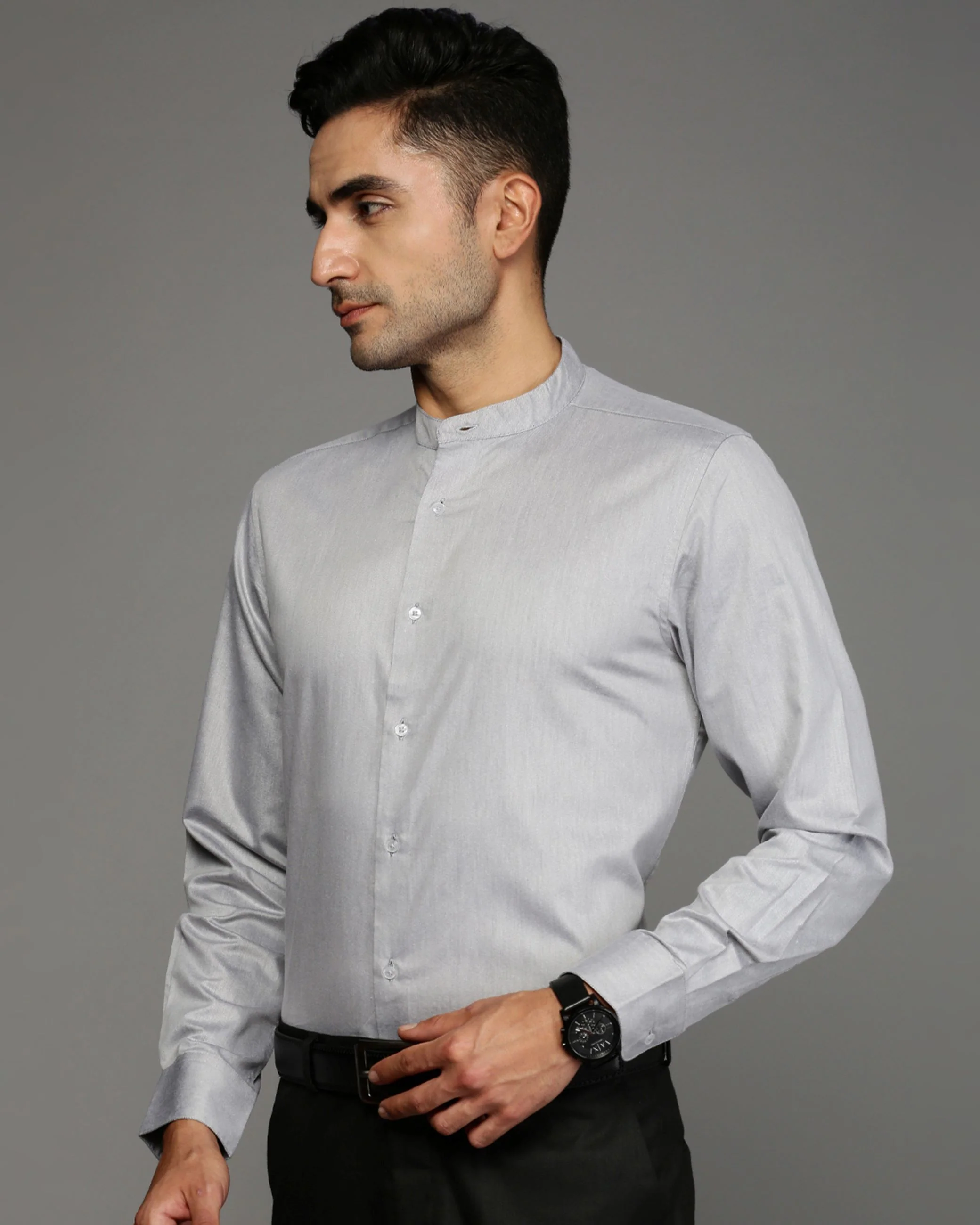 Men Grey Cotton Blend Slim Shirt - Image 3