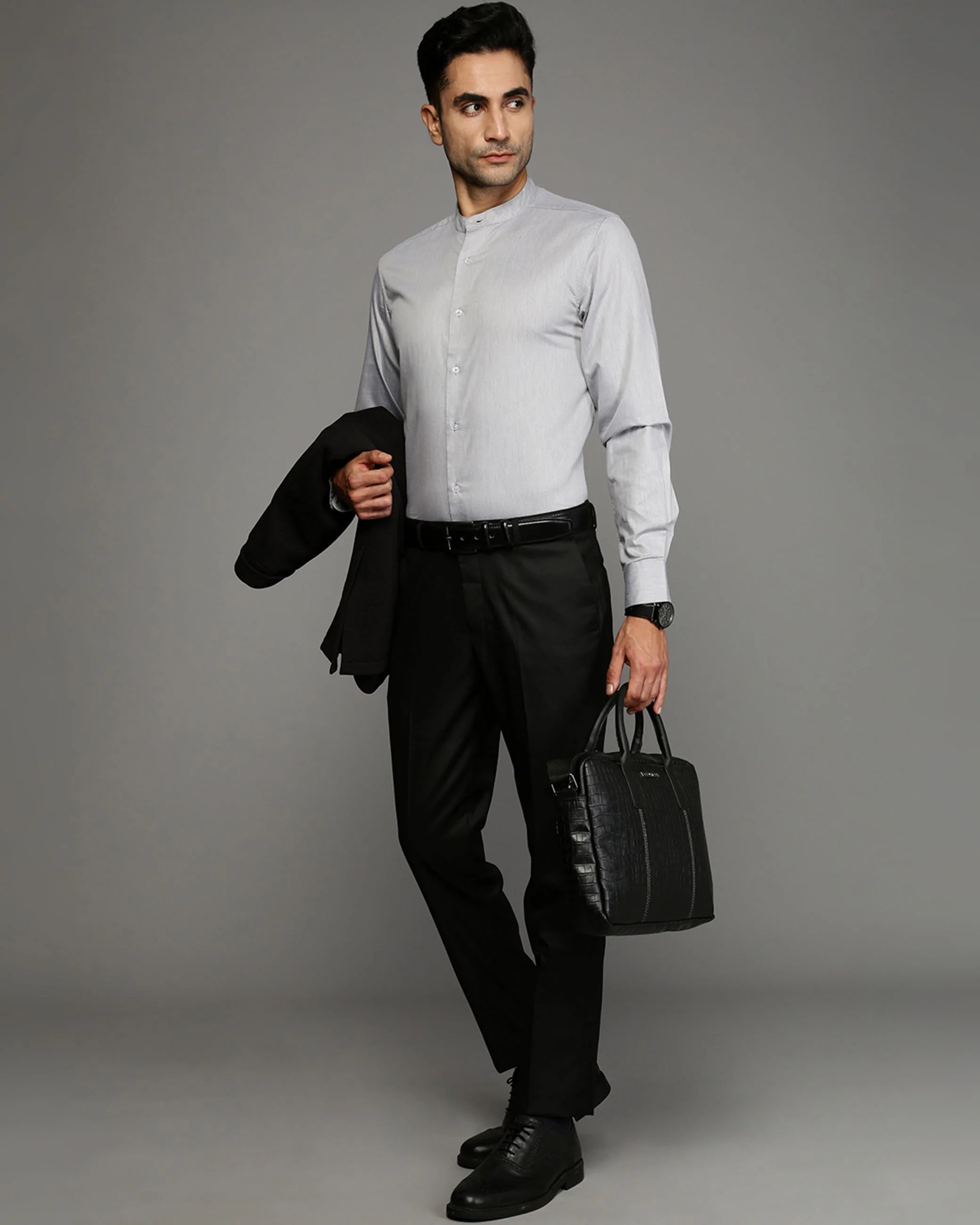 Men Grey Cotton Blend Slim Shirt - Image 5