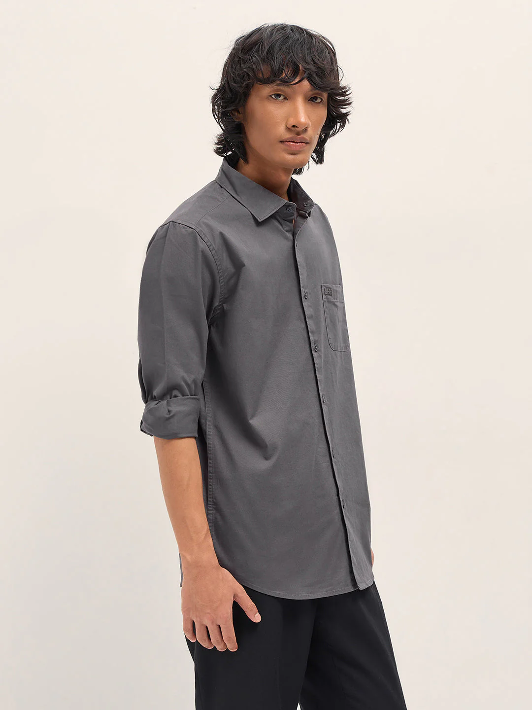 Men Grey Cotton Blend Solid Slim Fit Casual Shirt - Image 3