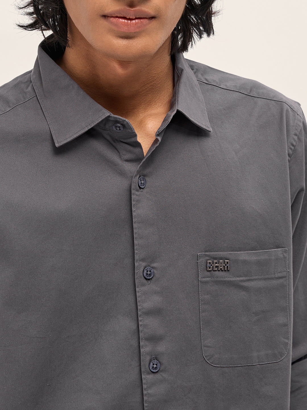 Men Grey Cotton Blend Solid Slim Fit Casual Shirt - Image 5