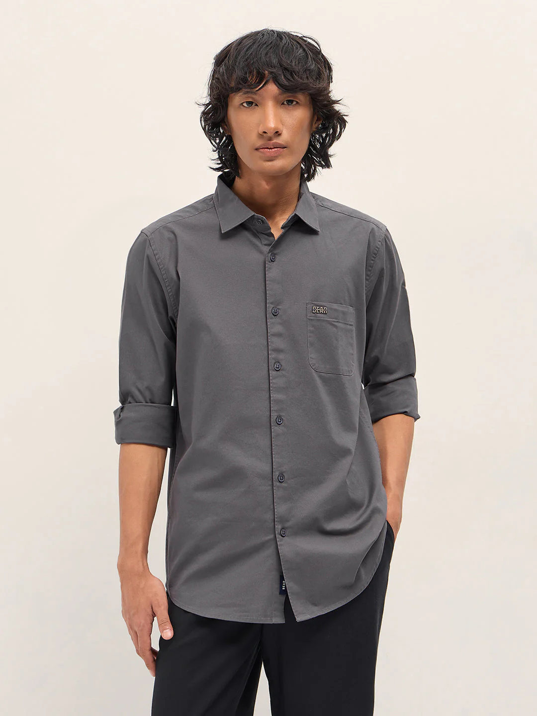 Men Grey Cotton Blend Solid Slim Fit Casual Shirt - Image 6