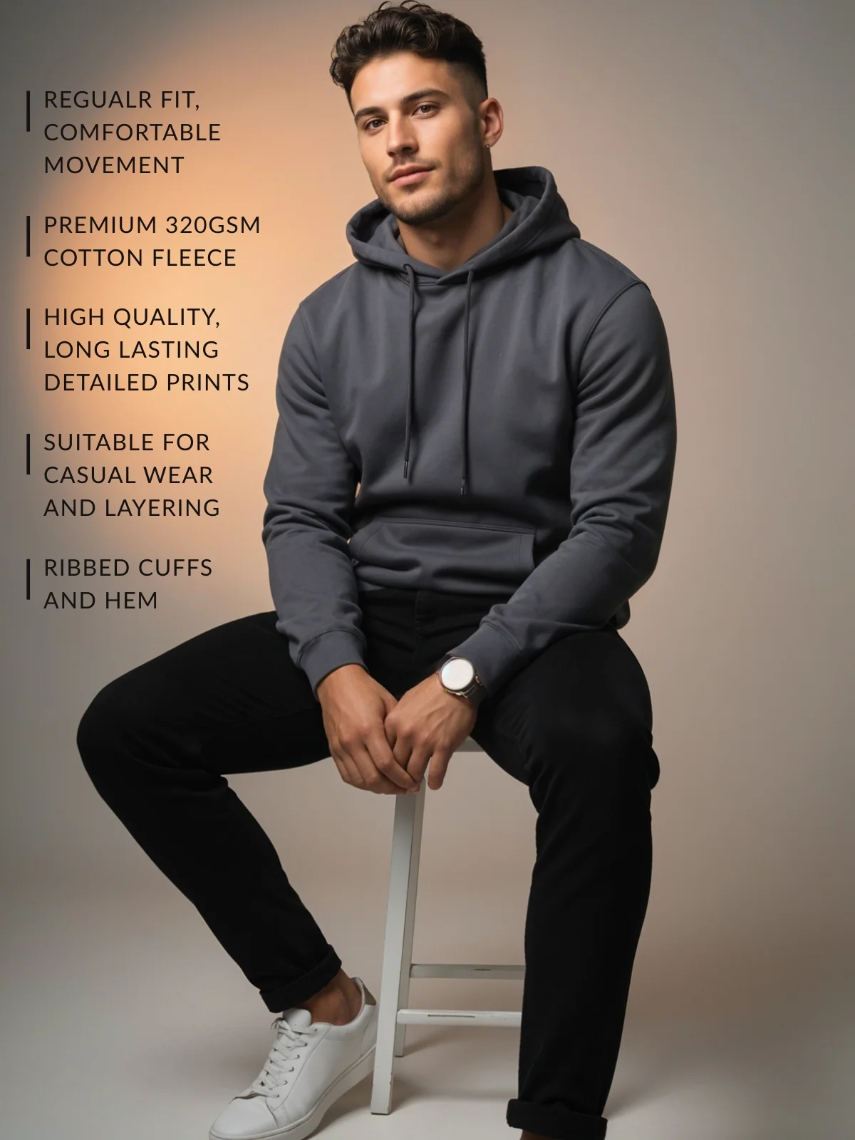Men Grey Cotton Fleece Hoodie - Image 3