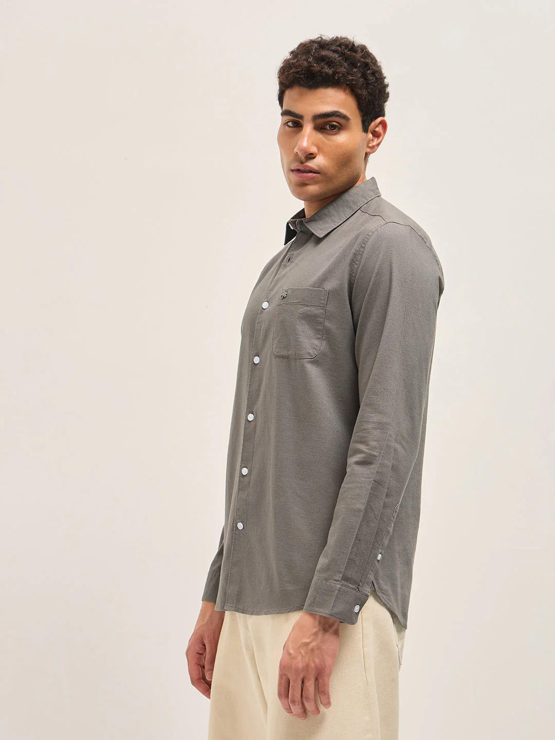 Men Grey Cotton Linen Slim Fit Solid Casual Shirt - Image 3