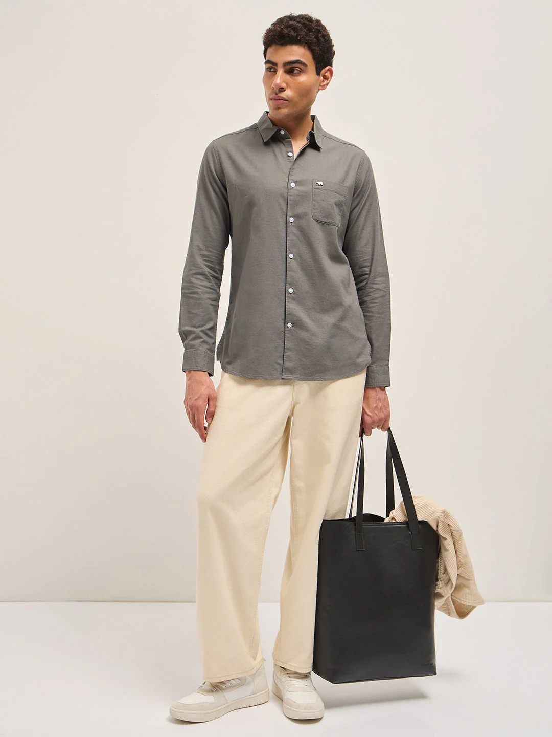 Men Grey Cotton Linen Slim Fit Solid Casual Shirt - Image 4
