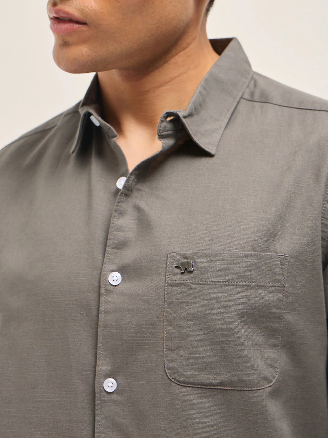 Men Grey Cotton Linen Slim Fit Solid Casual Shirt - Image 5